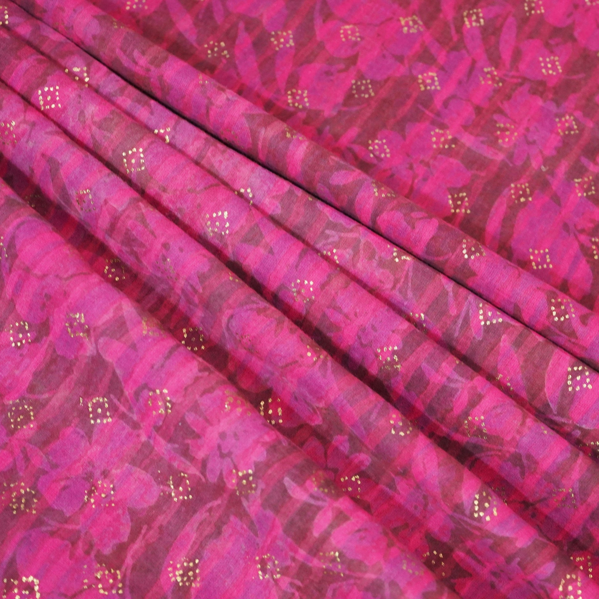 Magenta and Brown Foil Print Mulmul Fabric NC-24583