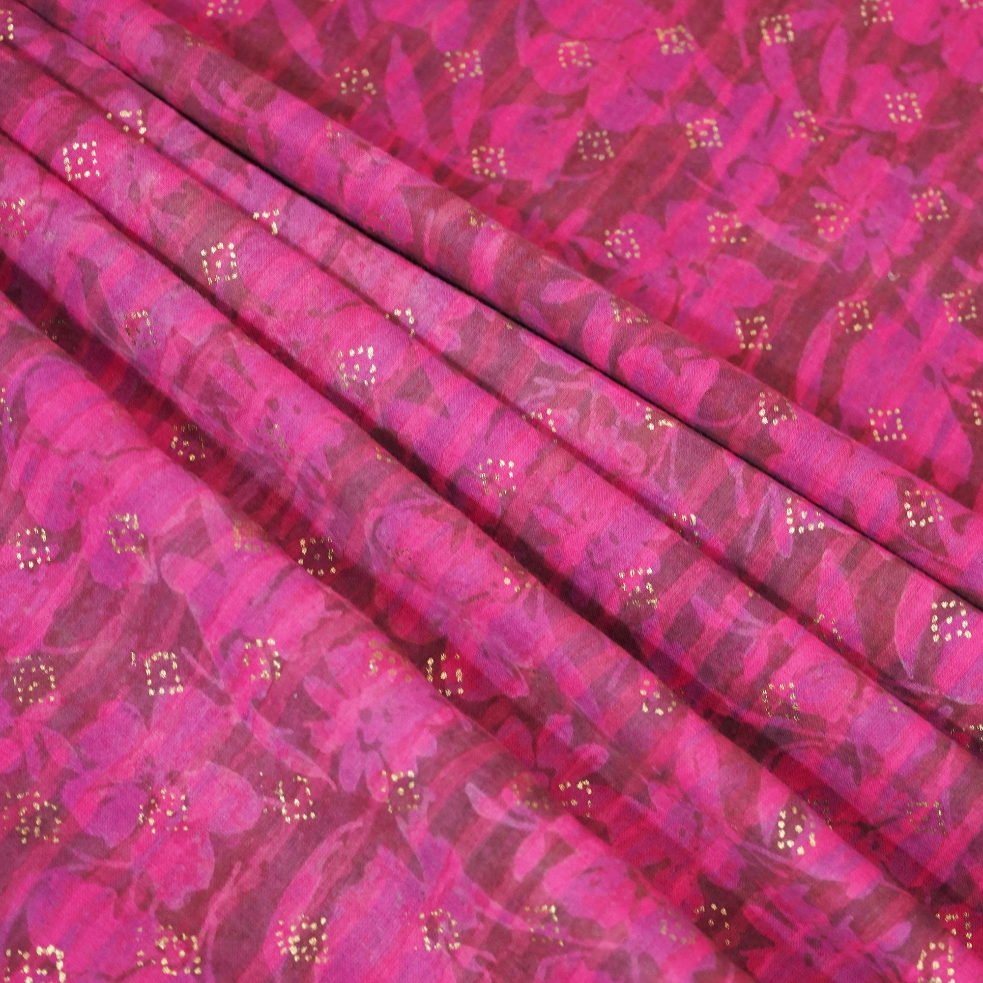 Magenta and Brown Foil Print Mulmul Fabric NC-24583