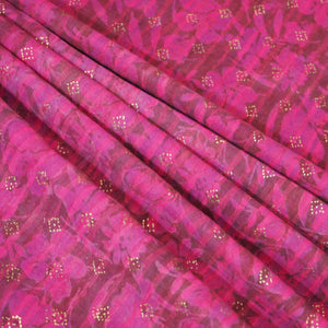 Magenta and Brown Foil Print Mulmul Fabric NC-24583