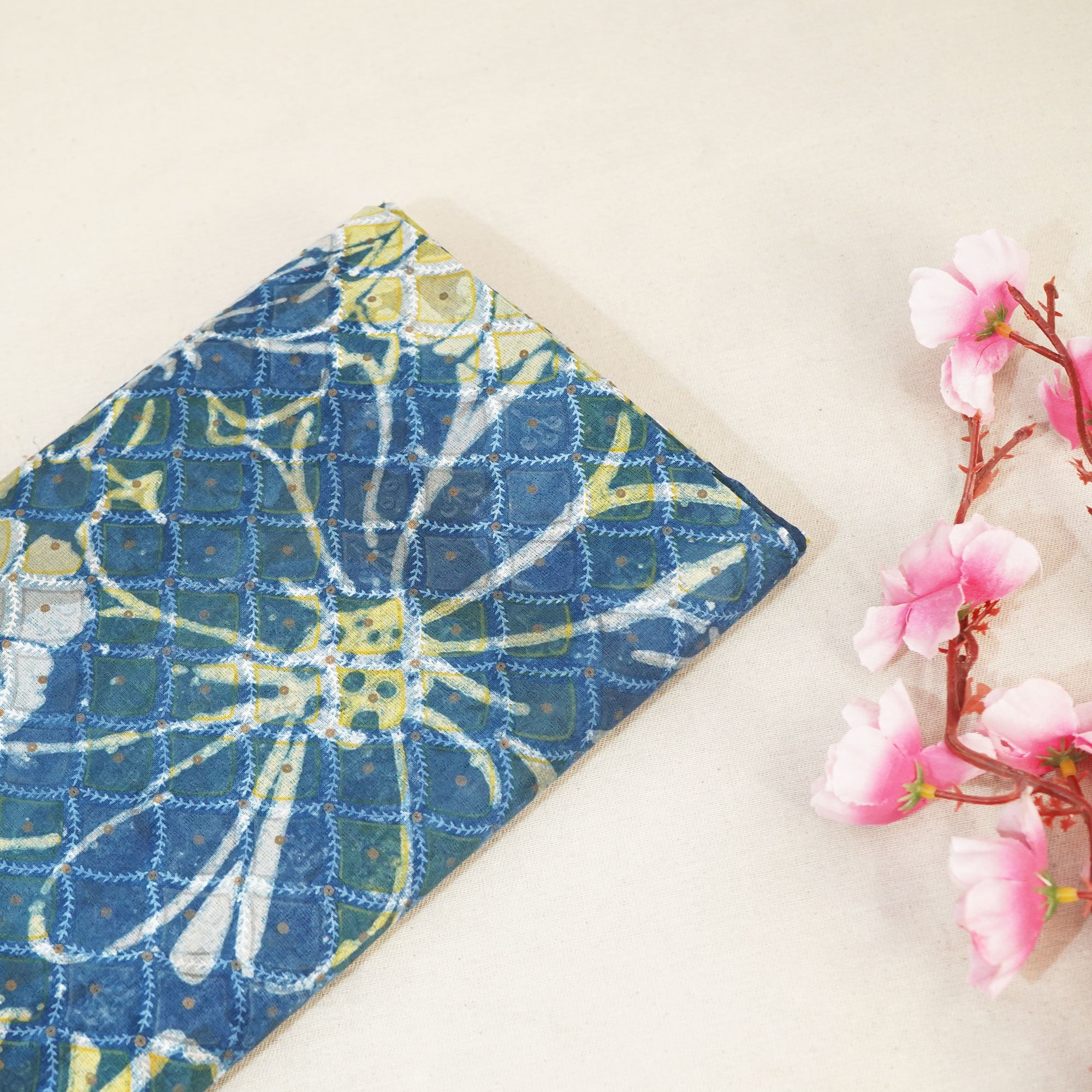 Indigo & Green Mulmul Fabric NC-24586