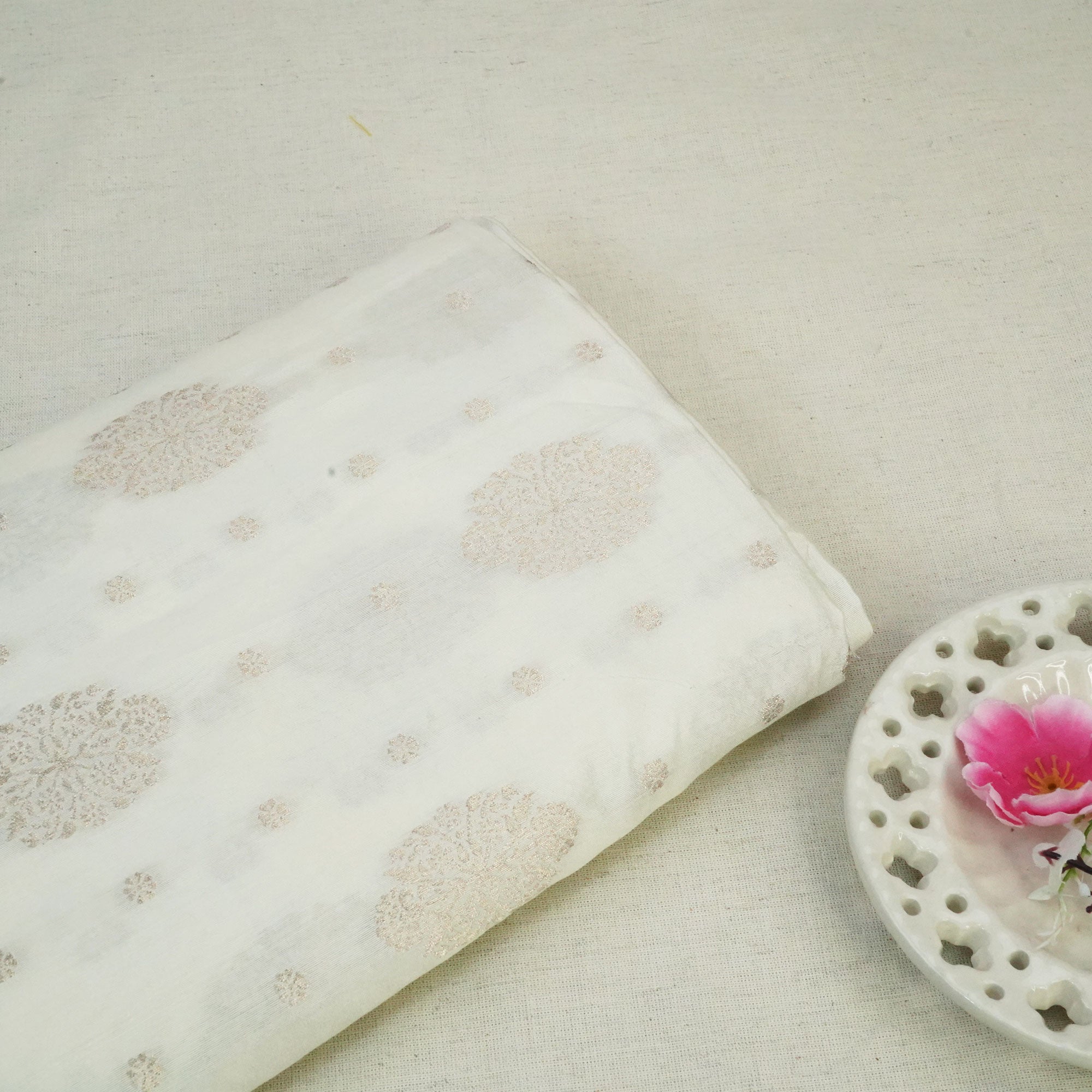 Cream & Silver Dyeable Kadua Buti Chiniya Silk Fabric MS-24606