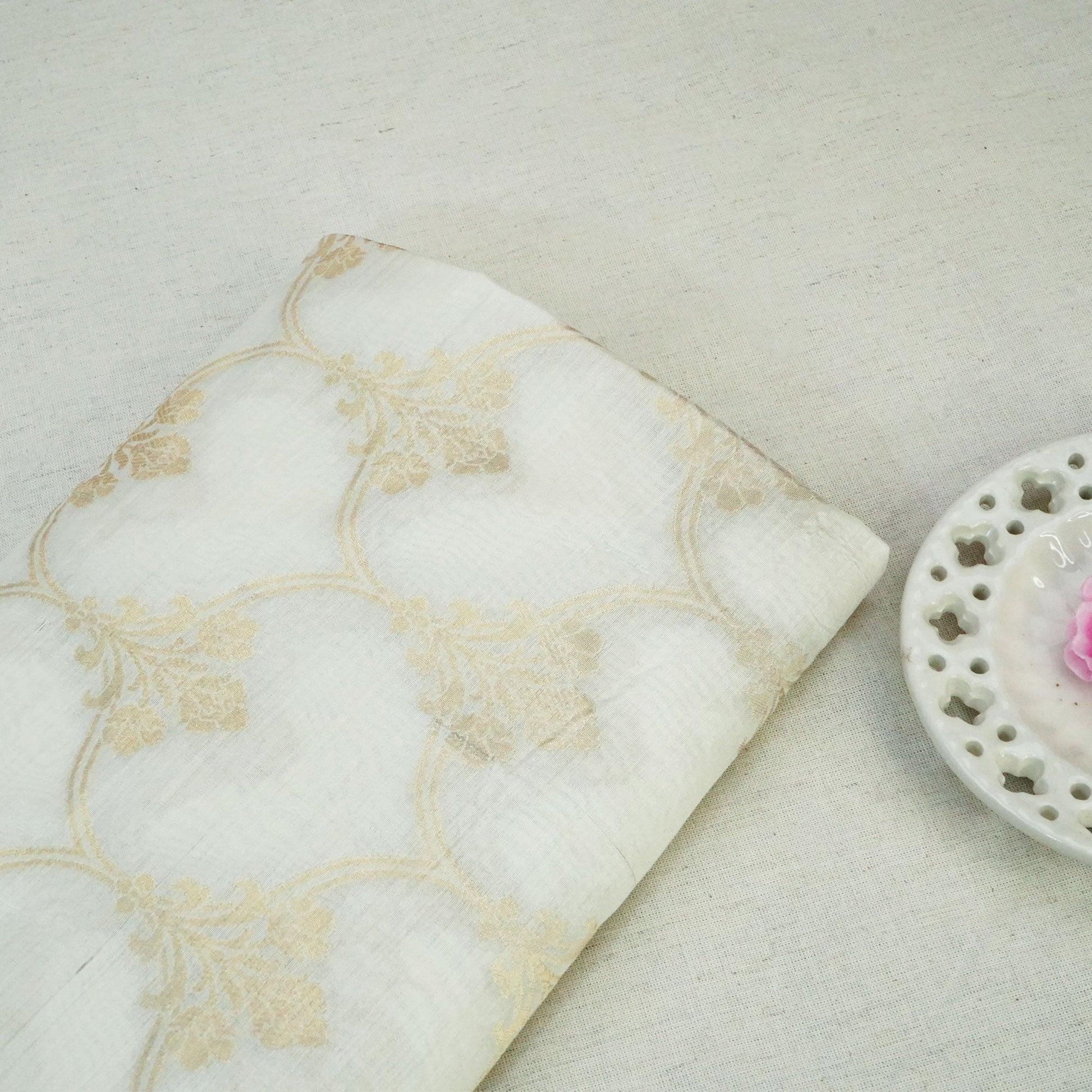 Cream Dyeable Gold Kadua Jaal Chiniya Silk Fabric MS-24607