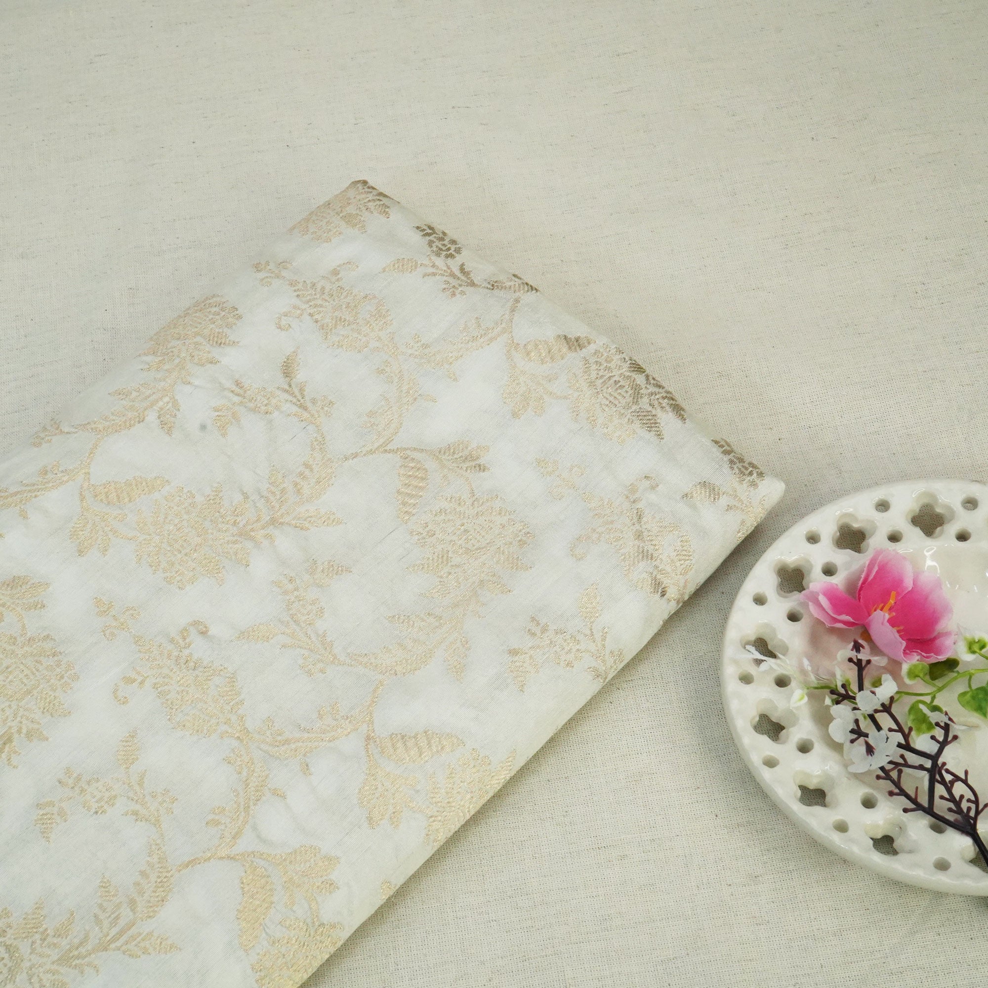 Cream Dyeable Gold Kadua Jaal Chiniya Silk Fabric MS-24609