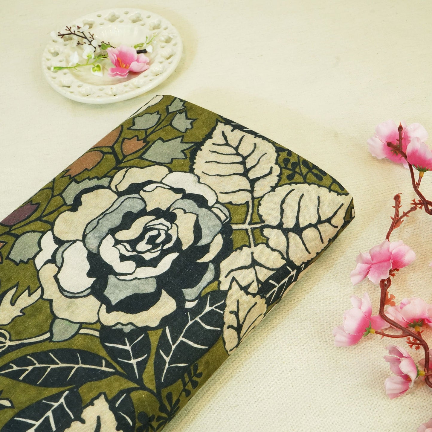 Green Floral Print Linen Fabric RM-24618