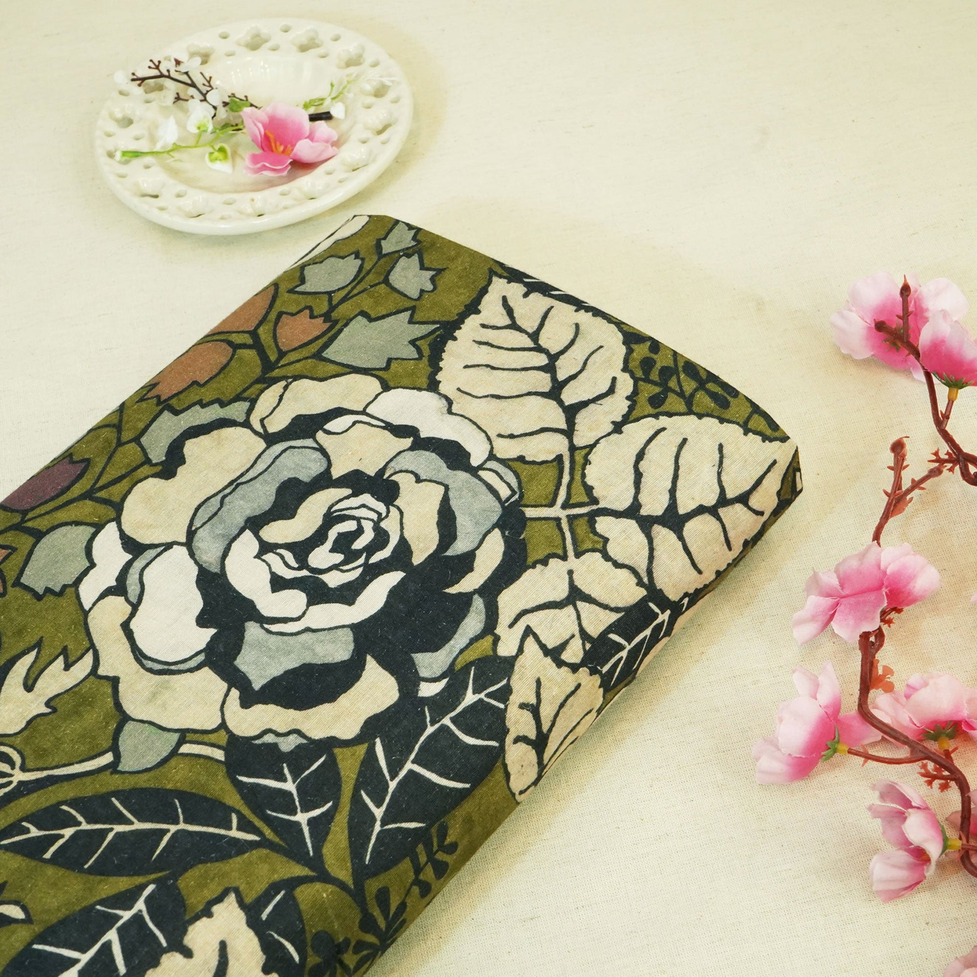 Green Floral Print Linen Fabric RM-24618