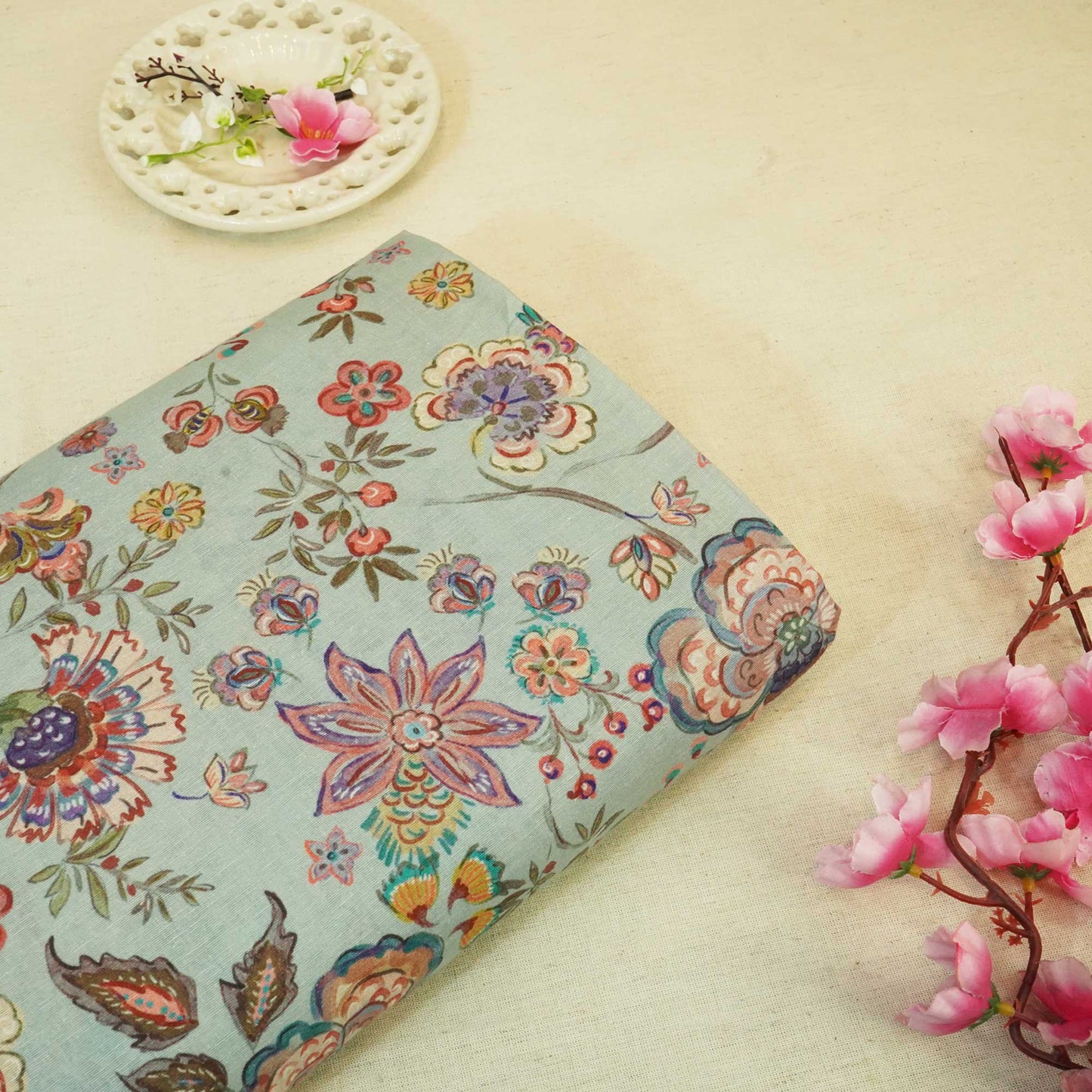 Sea Green Floral Print Linen Fabric RM-24622