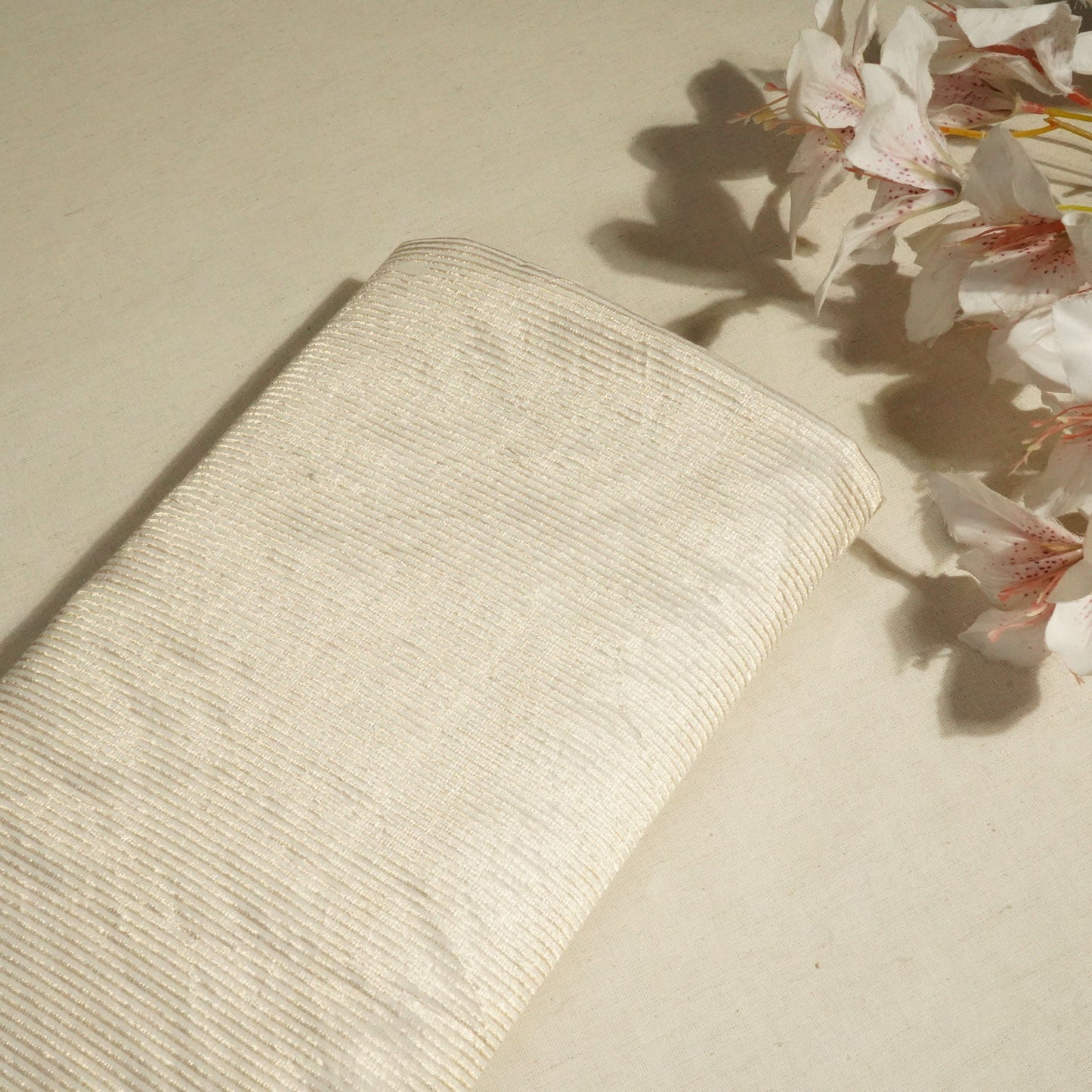 Cream & Golden Stripes Pure Cotton Silk Fabric YF-24633