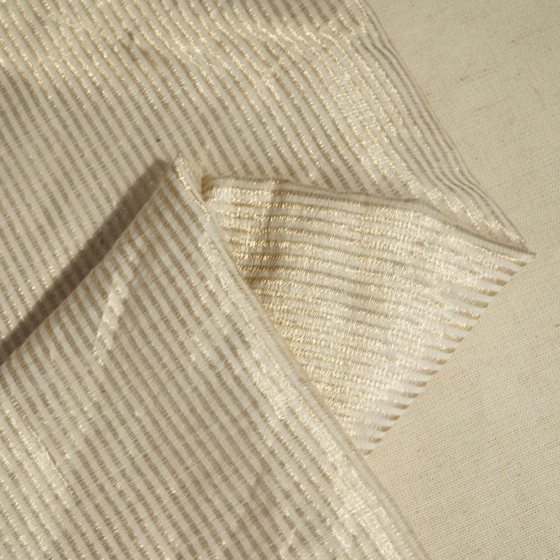 Cream & Golden Stripes Pure Cotton Silk Fabric YF-24633