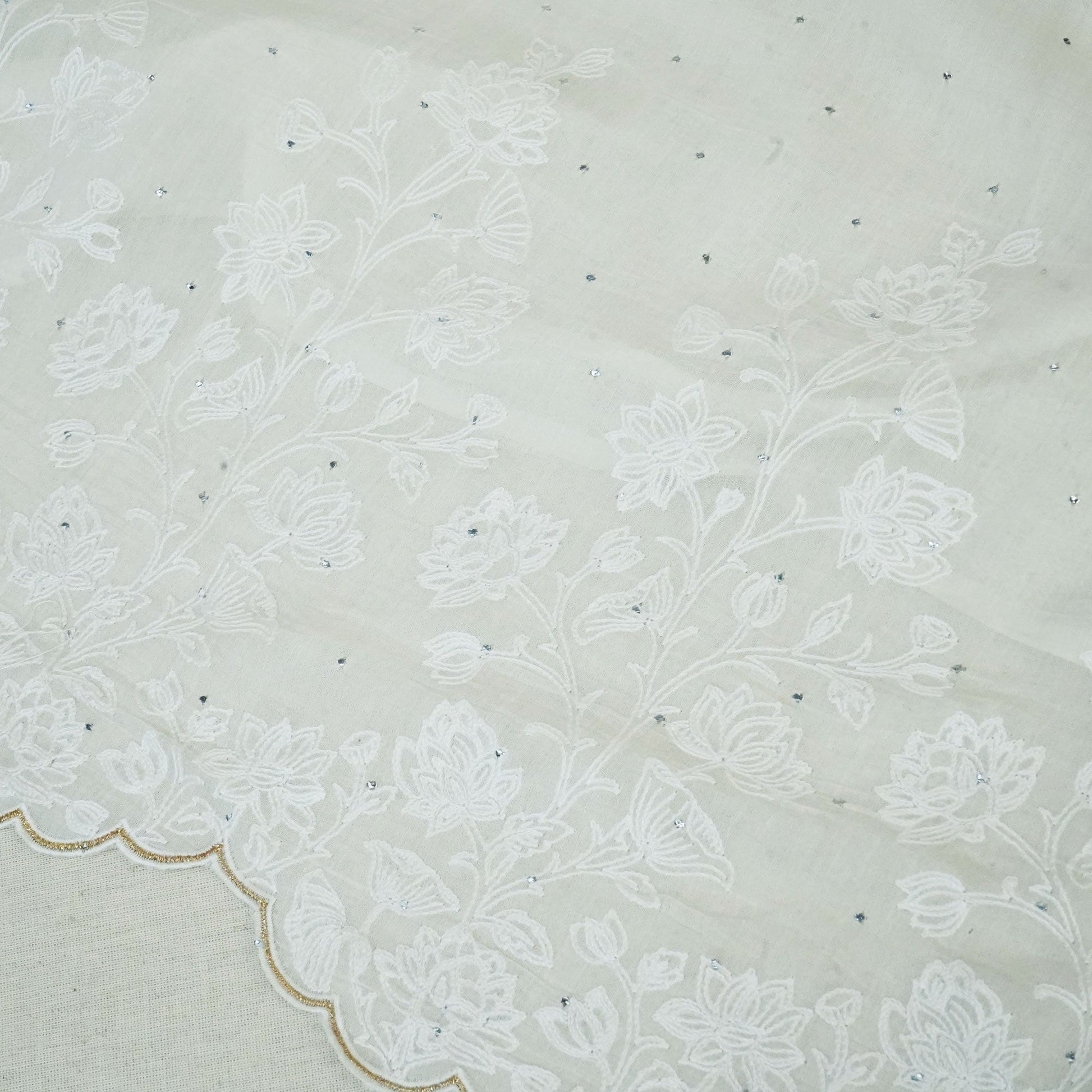 Off White Mukaish Work Thread Embroidery Chanderi Fabric SNS-24650