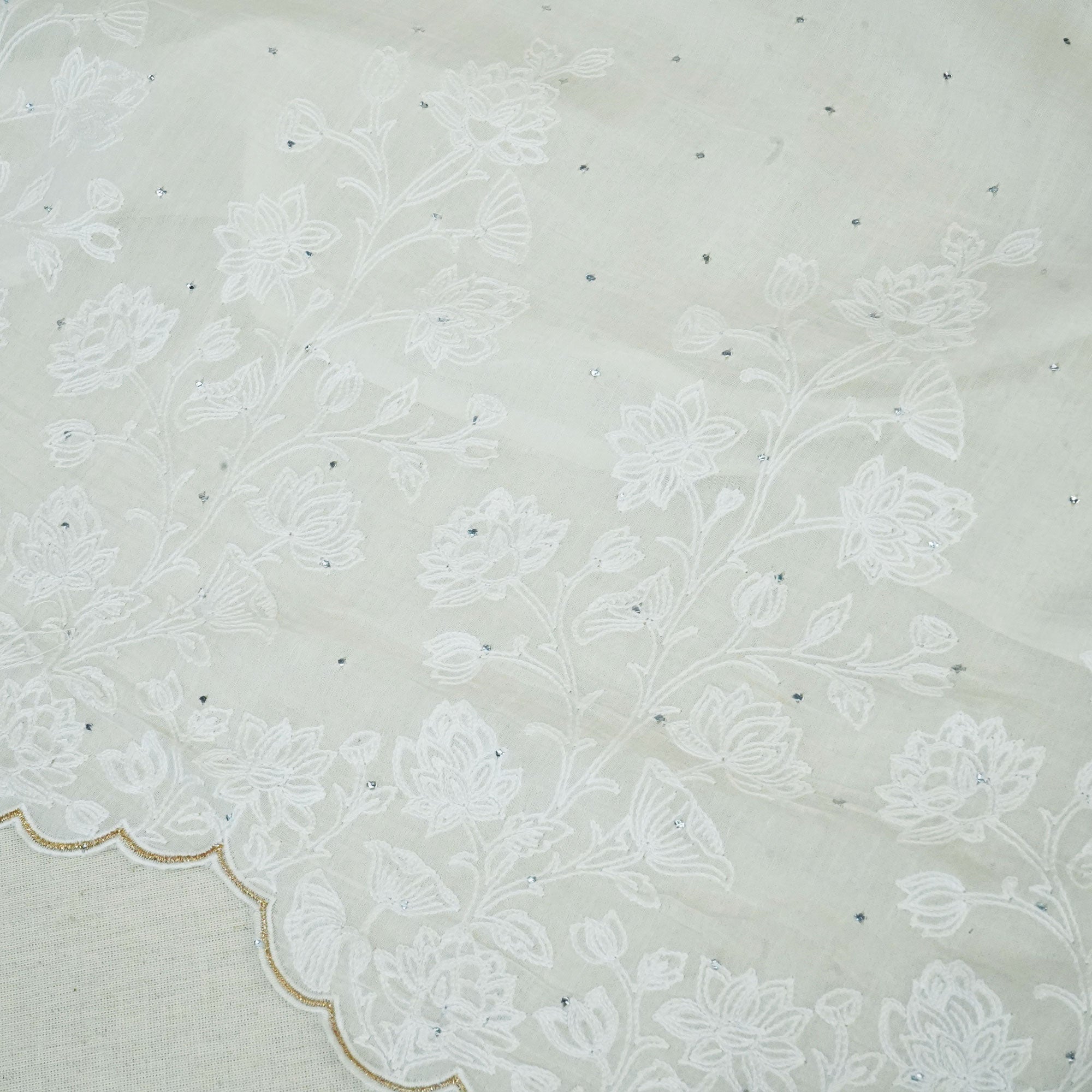 Off White Mukaish Work Thread Embroidery Chanderi Fabric SNS-24650