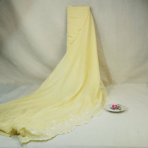Light Yellow Mukaish Work Thread Embroidery Chanderi Fabric SNS-24653