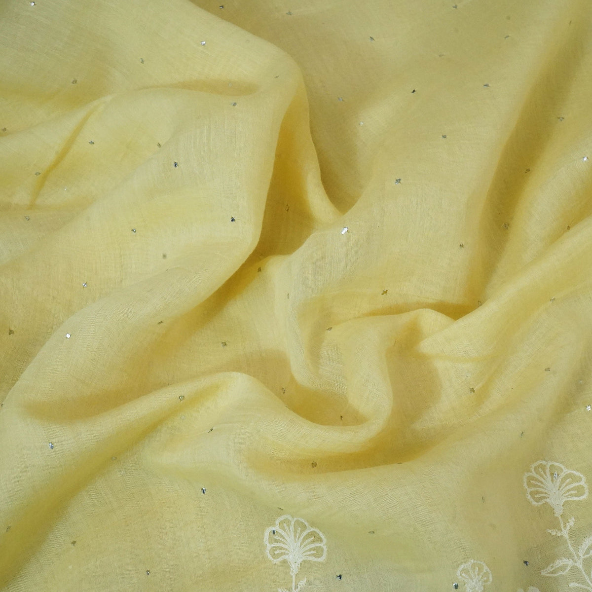 Light Yellow Mukaish Work Thread Embroidery Chanderi Fabric SNS-24653