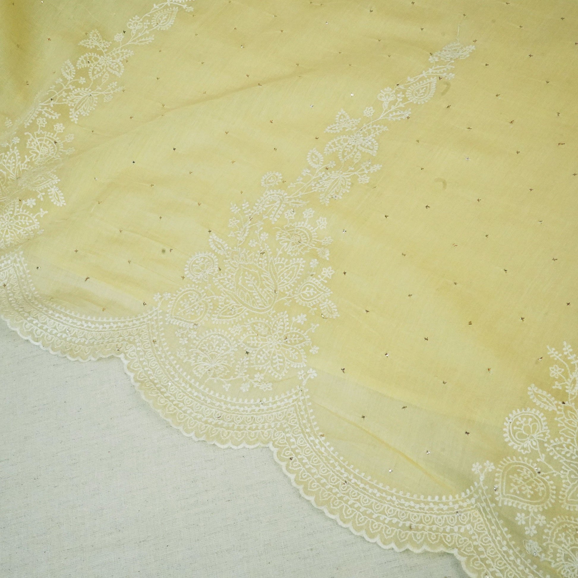 Light Yellow Mukaish Work Thread Embroidery Chanderi Fabric SNS-24654