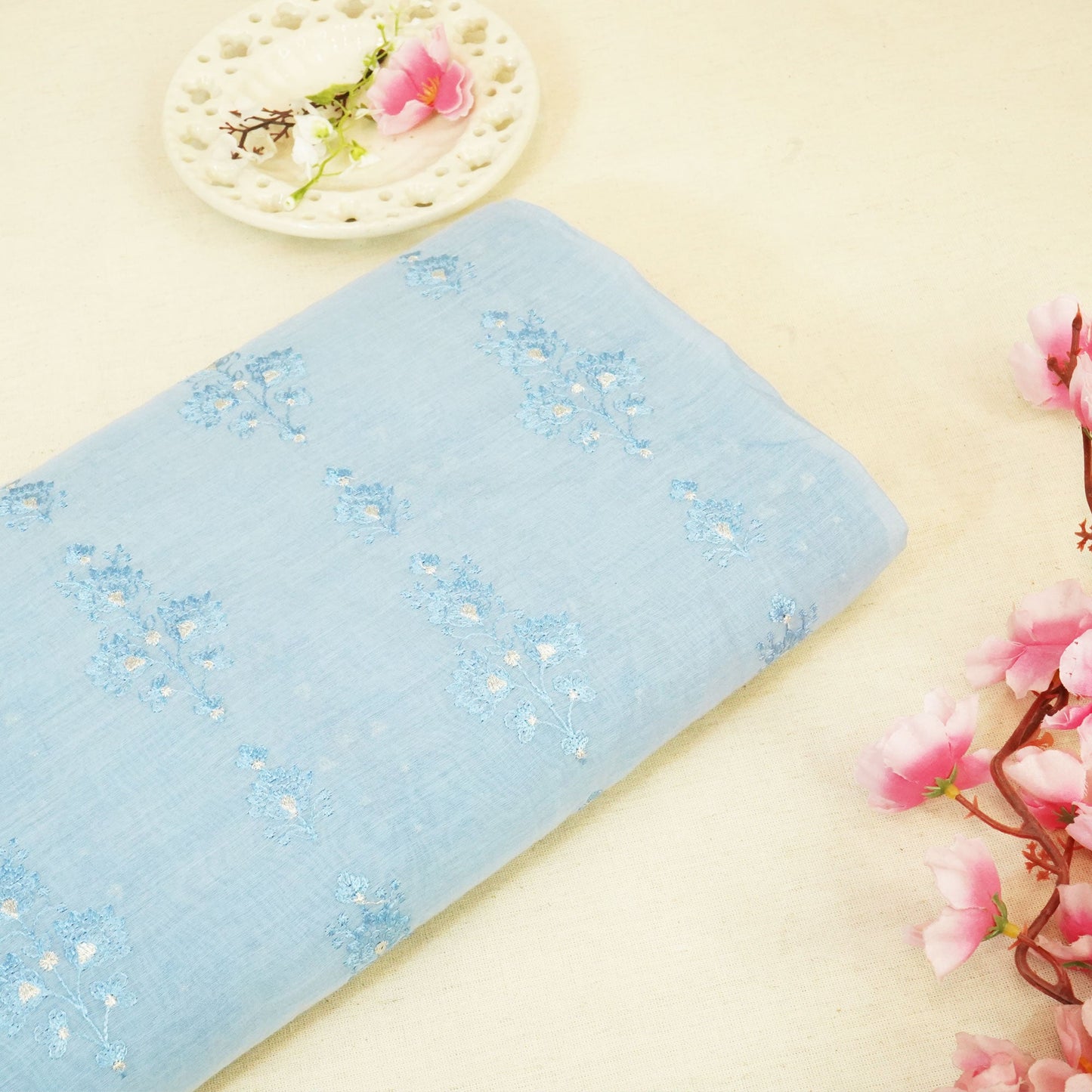 Powder Blue Floral Thread Embroidery Chanderi Fabric SNS-24657