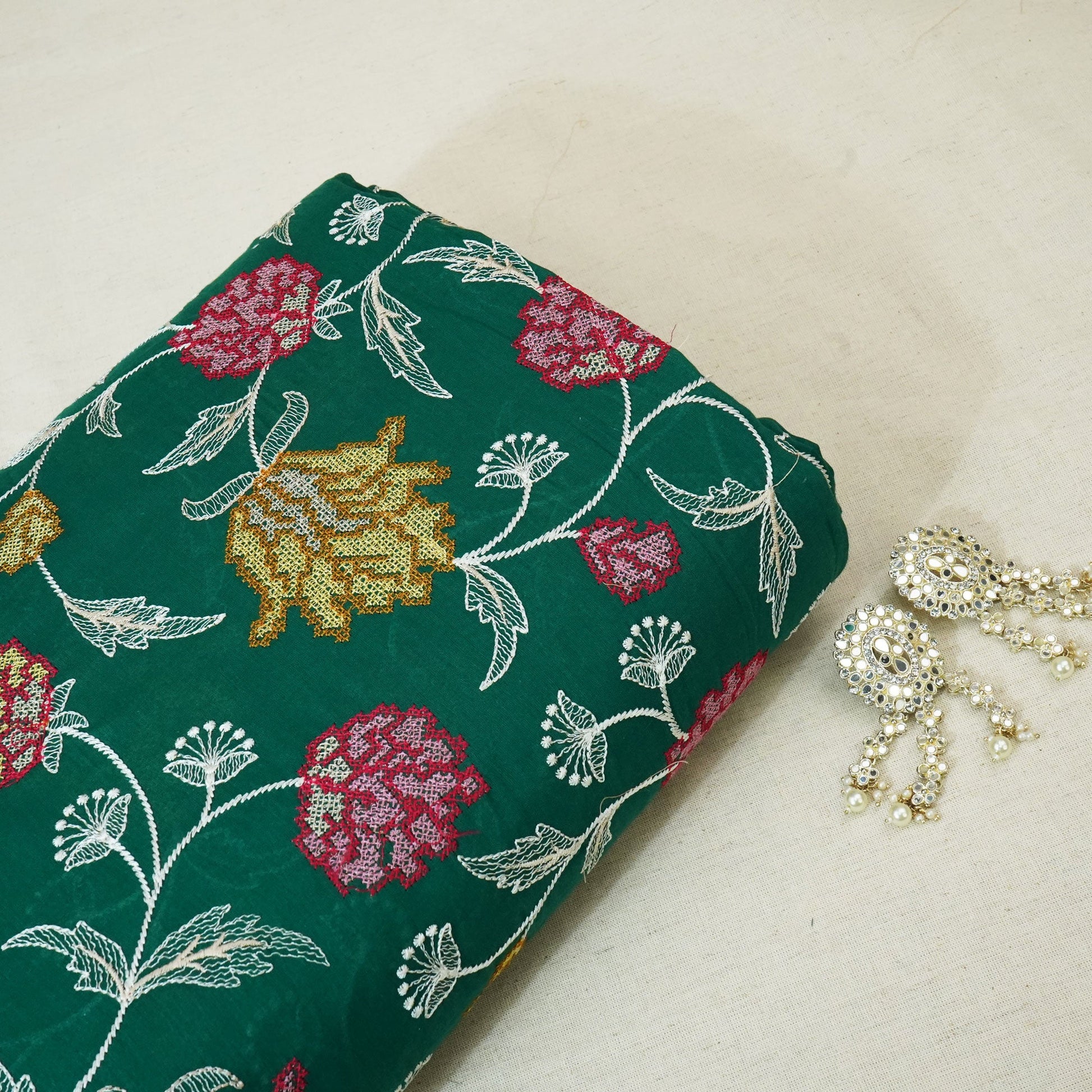 Dark Green Cross Stitch Floral Thread Embroidery Mulmul Chanderi Fabric WI-24658