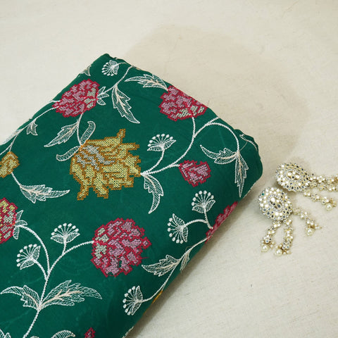 Dark Green Cross Stitch Floral Thread Embroidery Mulmul Chanderi Fabric WI-24658