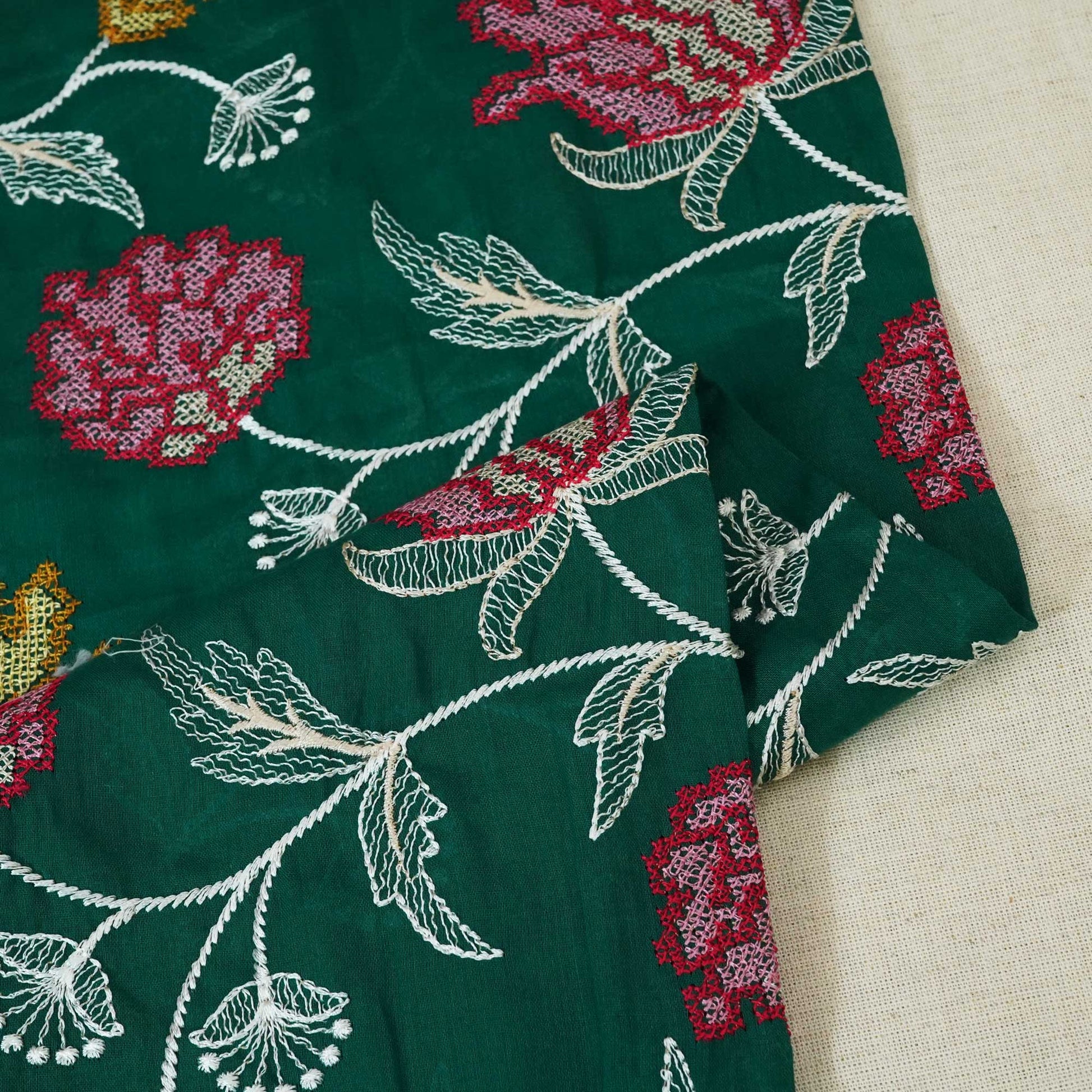 Dark Green Cross Stitch Floral Thread Embroidery Mulmul Chanderi Fabric WI-24658