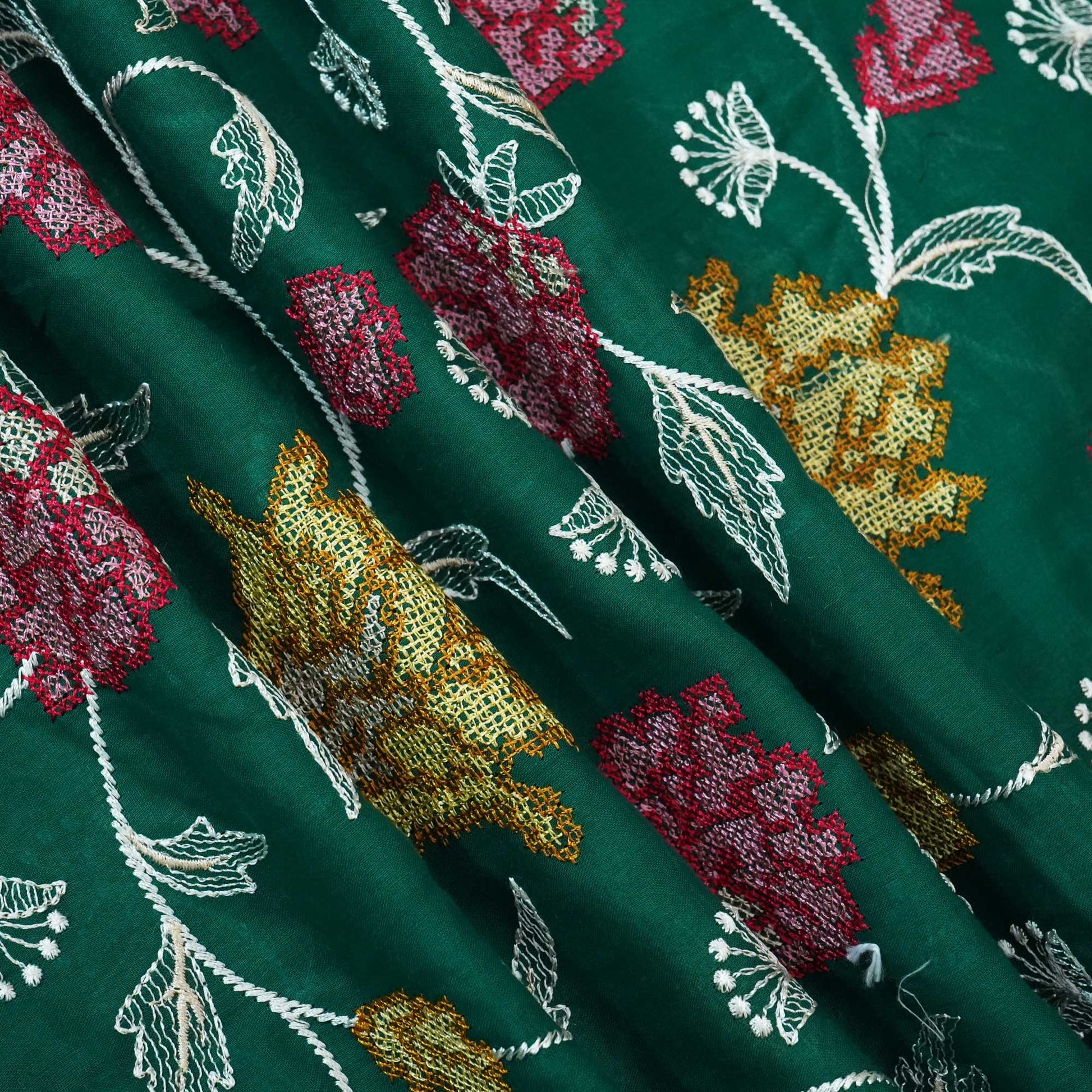 Dark Green Cross Stitch Floral Thread Embroidery Mulmul Chanderi Fabric WI-24658