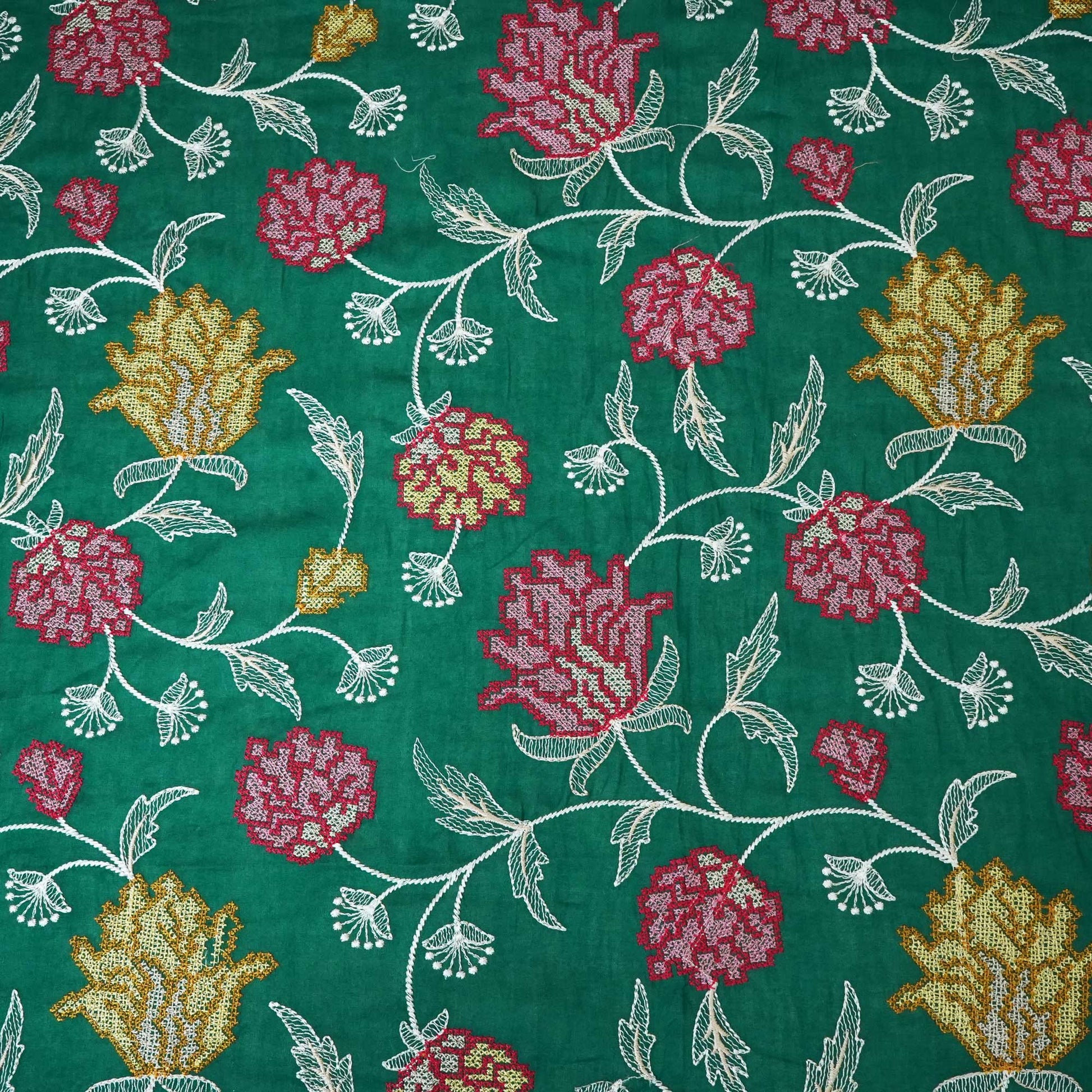 Dark Green Cross Stitch Floral Thread Embroidery Mulmul Chanderi Fabric WI-24658