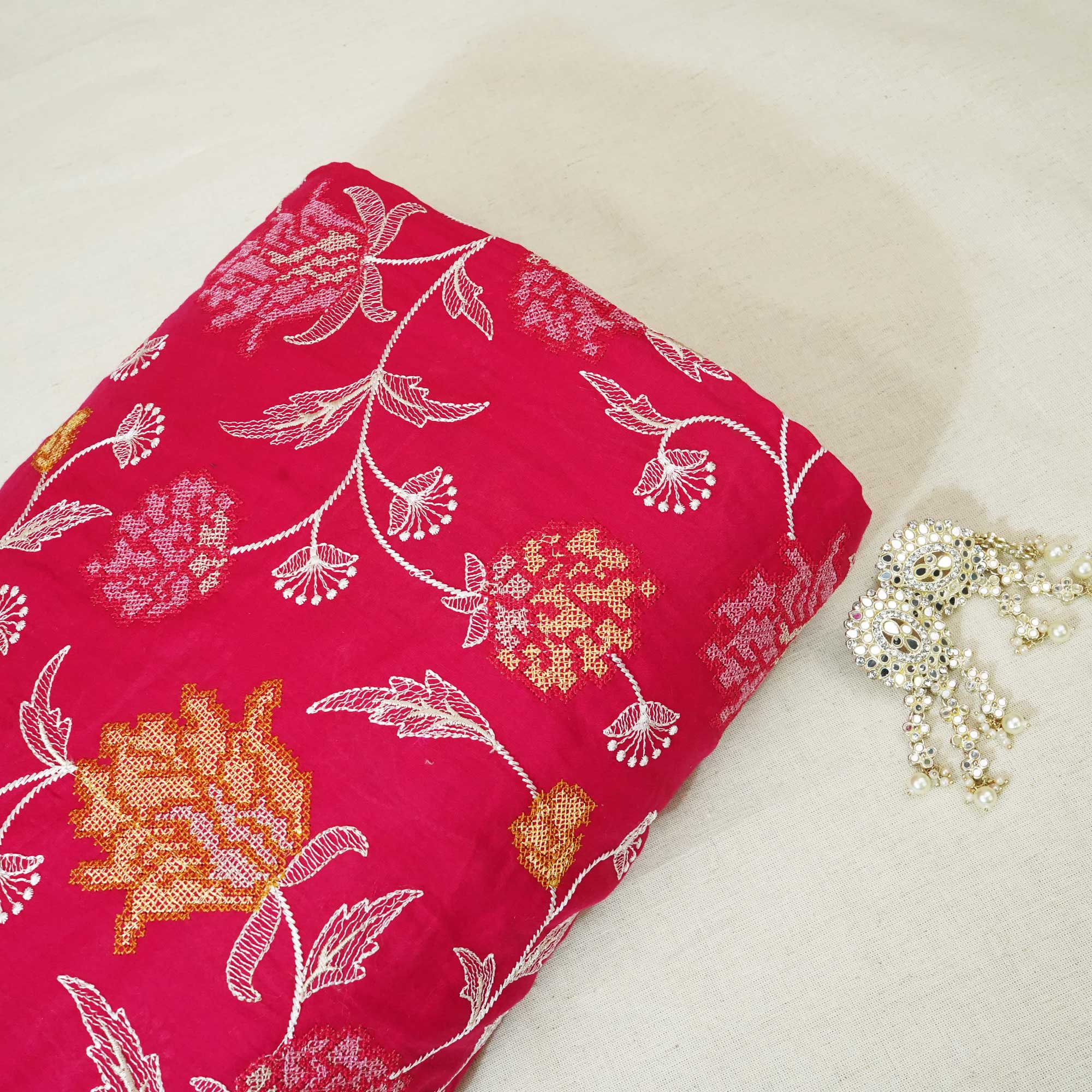 Magenta Cross Stitch Floral Thread Embroidery Mulmul Chanderi Fabric WI-24659