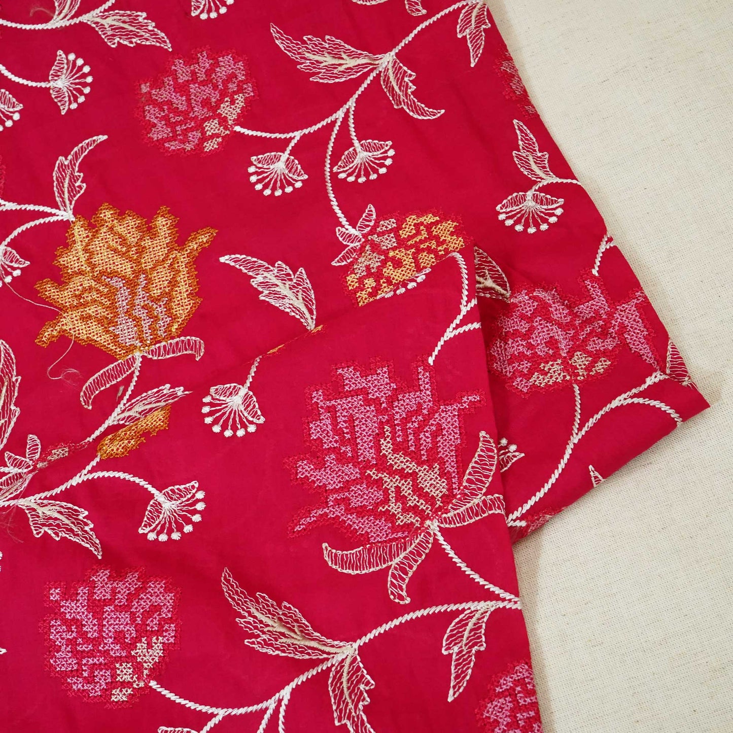 Magenta Cross Stitch Floral Thread Embroidery Mulmul Chanderi Fabric WI-24659