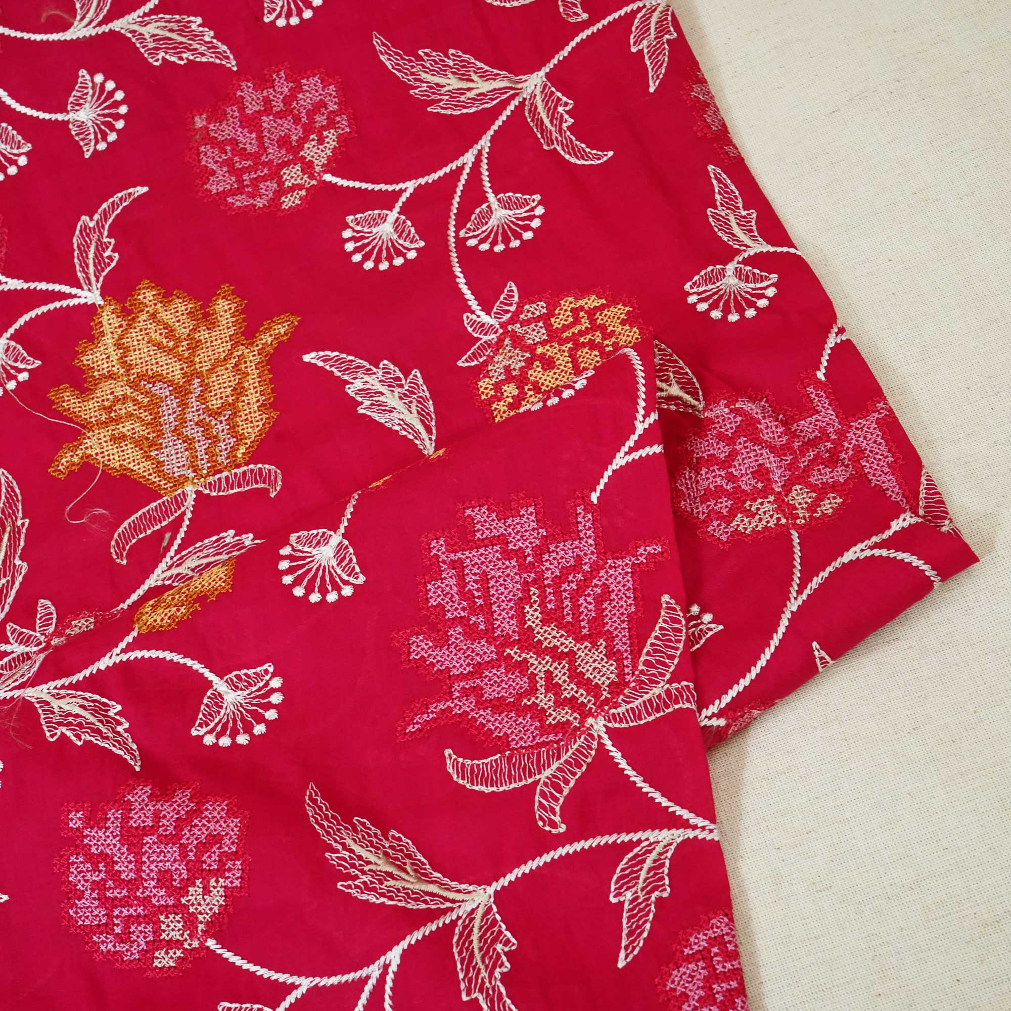 Magenta Cross Stitch Floral Thread Embroidery Mulmul Chanderi Fabric WI-24659