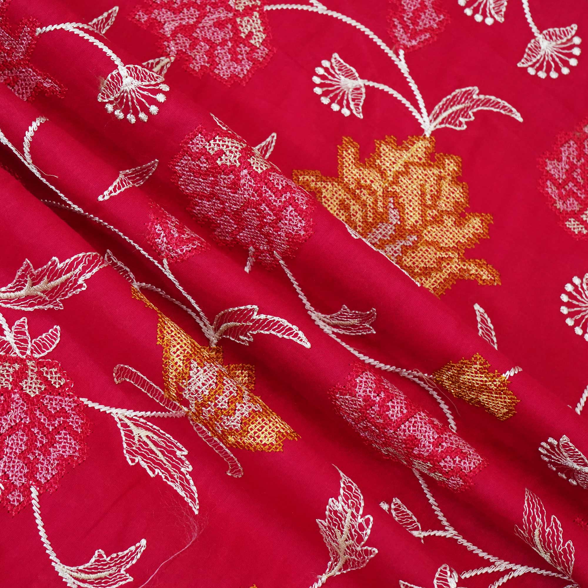 Magenta Cross Stitch Floral Thread Embroidery Mulmul Chanderi Fabric WI-24659