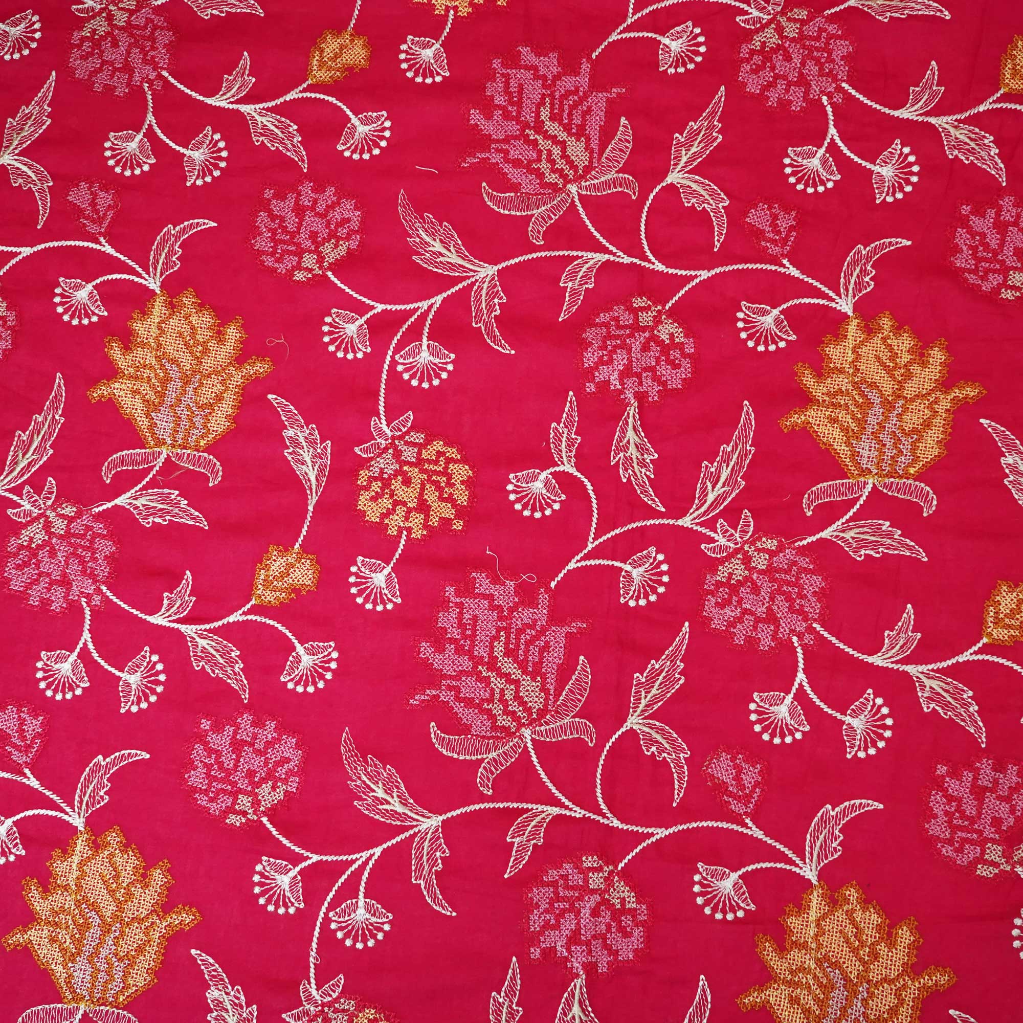 Magenta Cross Stitch Floral Thread Embroidery Mulmul Chanderi Fabric WI-24659