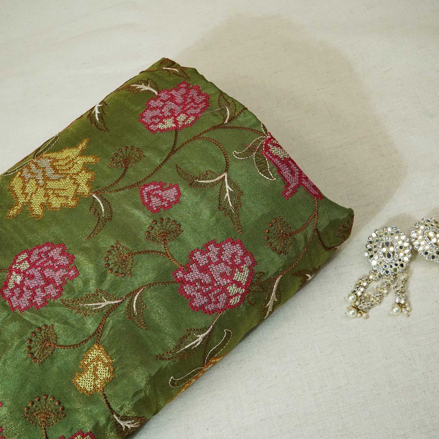 Green Cross Stitch Floral Thread Embroidery Tissue Fabric WI-24660