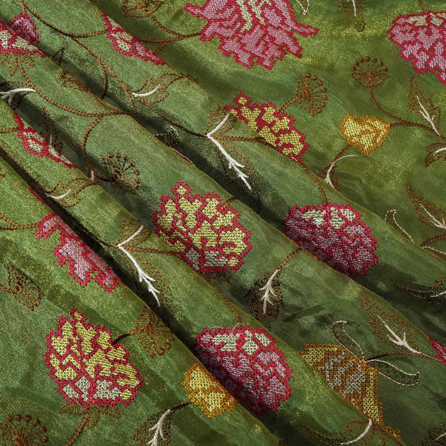 Green Cross Stitch Floral Thread Embroidery Tissue Fabric WI-24660