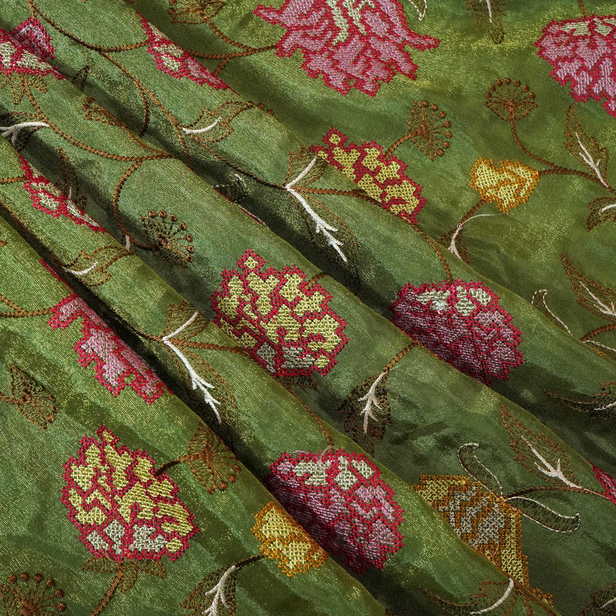 Green Cross Stitch Floral Thread Embroidery Tissue Fabric WI-24660