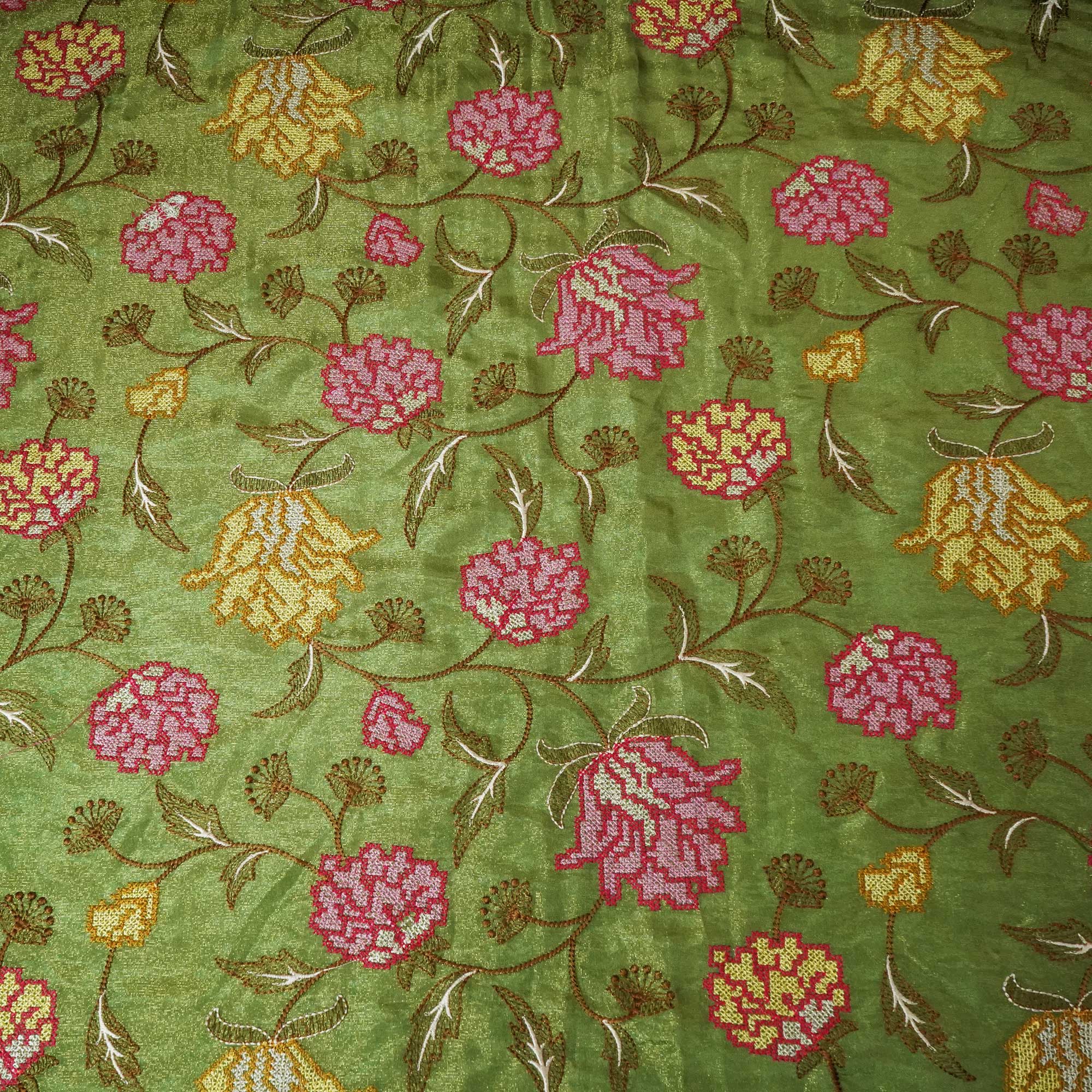 Green Cross Stitch Floral Thread Embroidery Tissue Fabric WI-24660
