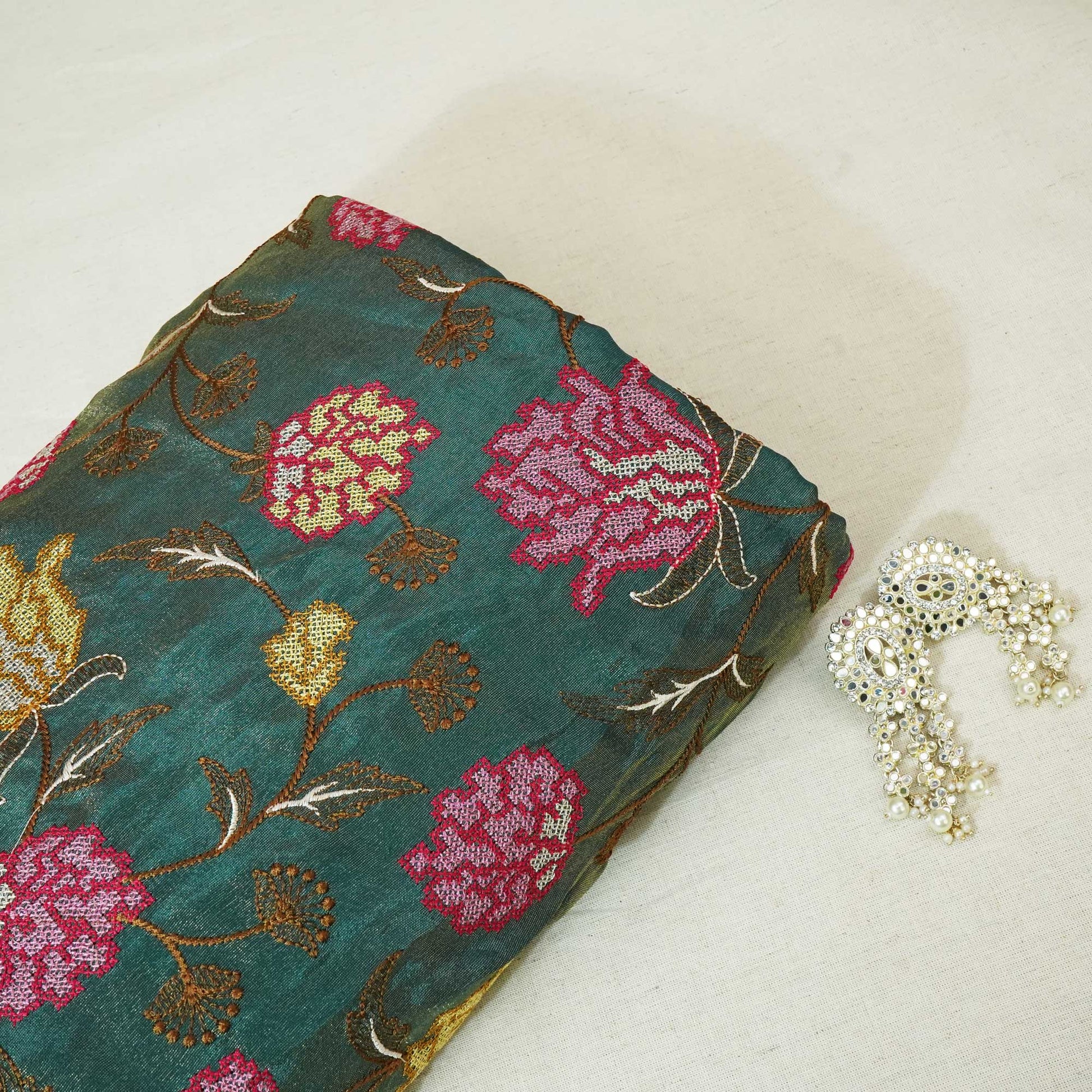 Dark Green Cross Stitch Floral Thread Embroidery Tissue Fabric WI-24662