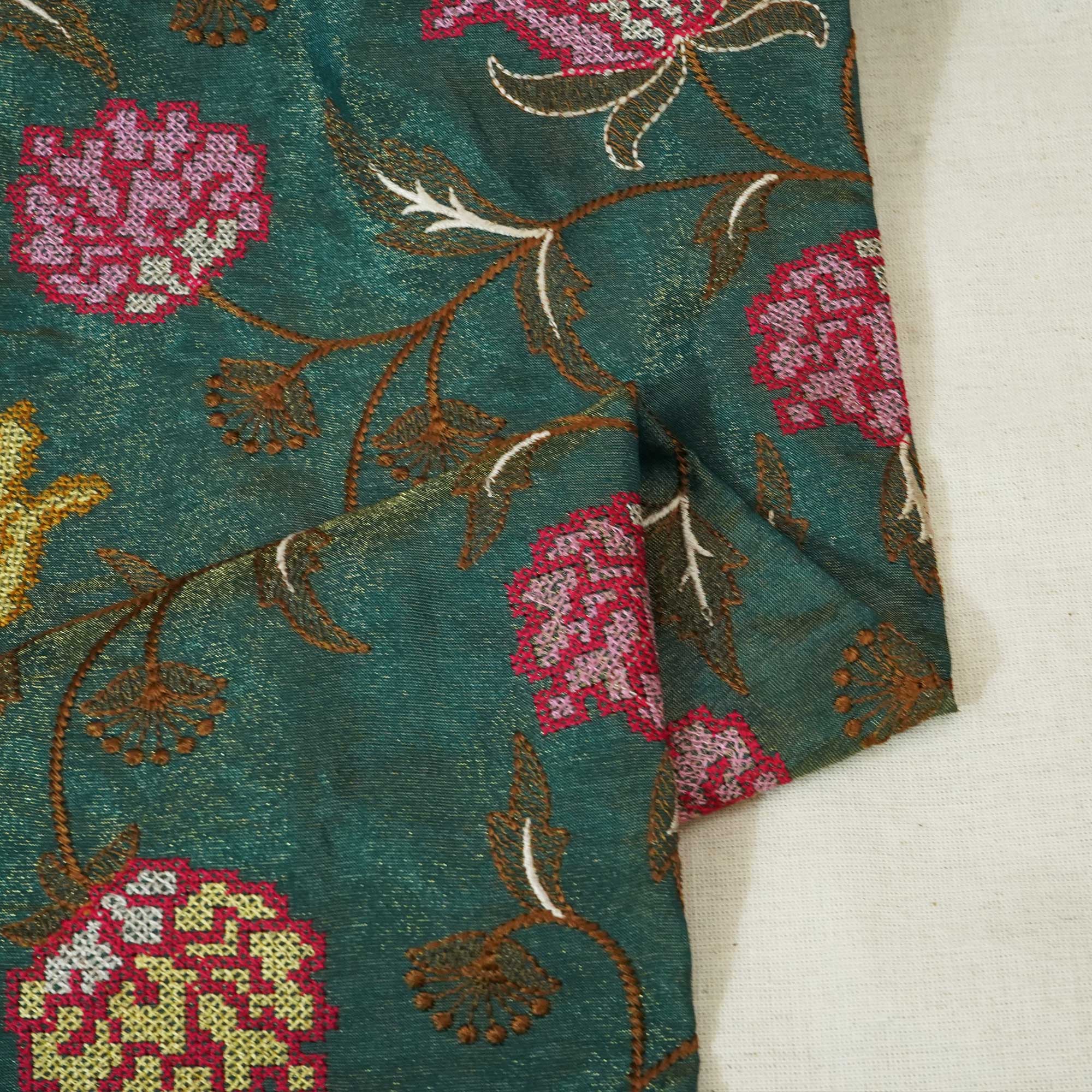 Dark Green Cross Stitch Floral Thread Embroidery Tissue Fabric WI-24662
