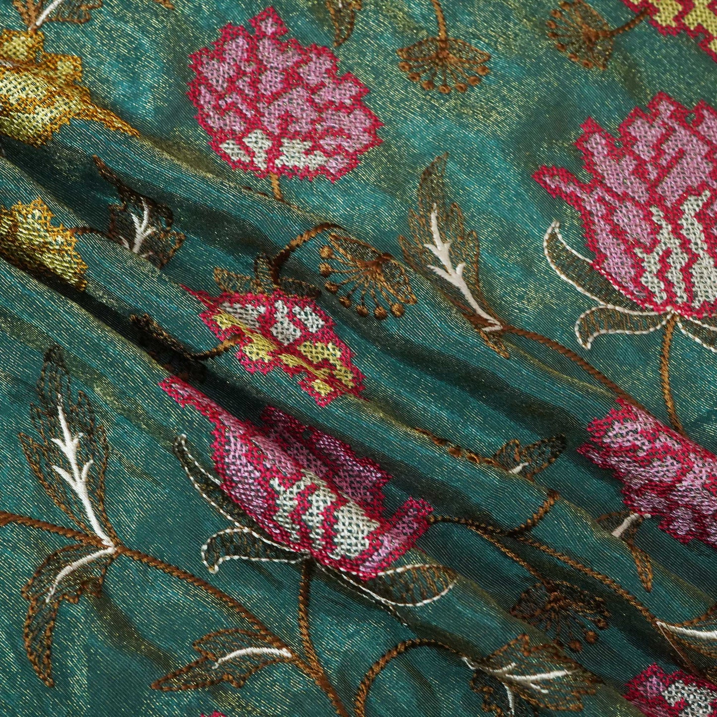 Dark Green Cross Stitch Floral Thread Embroidery Tissue Fabric WI-24662