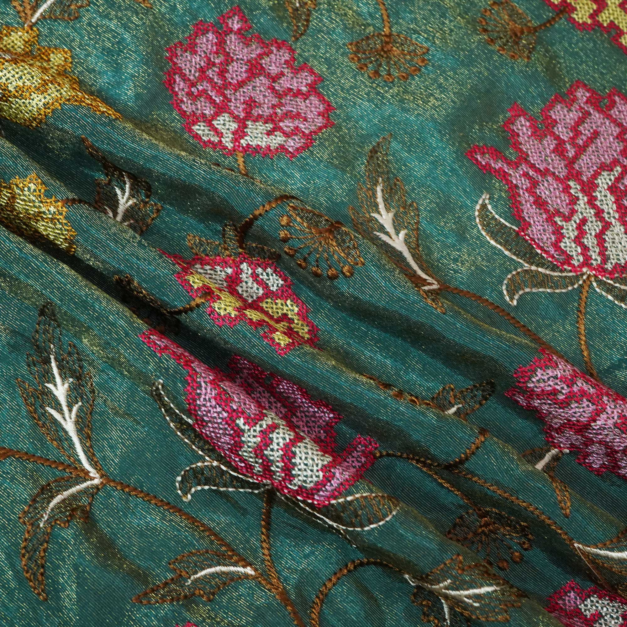 Dark Green Cross Stitch Floral Thread Embroidery Tissue Fabric WI-24662