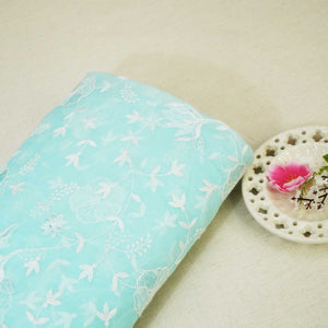 Sea Green Floral Sequins Thread Embroidery Crushed Tissue Fabric WI-24665