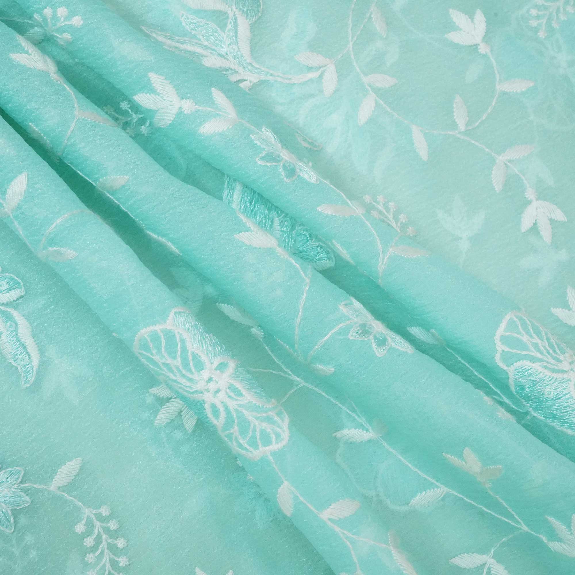 Sea Green Floral Sequins Thread Embroidery Crushed Tissue Fabric WI-24665