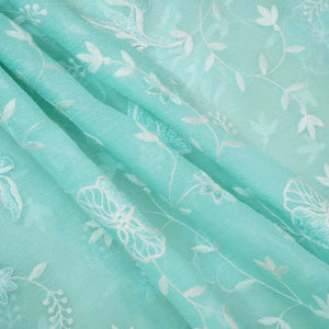 Sea Green Floral Sequins Thread Embroidery Crushed Tissue Fabric WI-24665