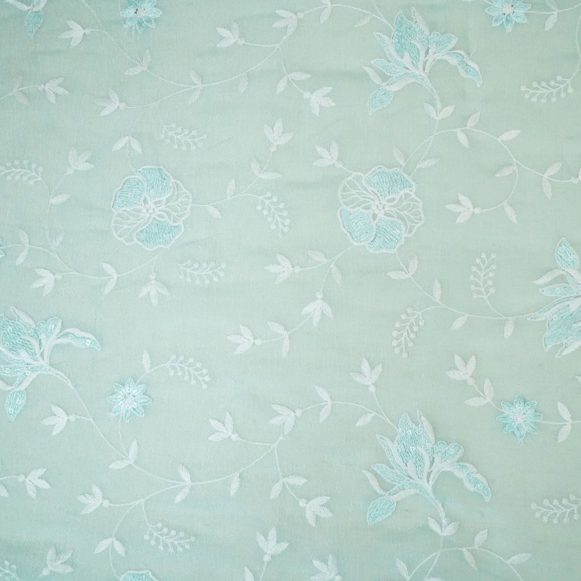 Sea Green Floral Sequins Thread Embroidery Crushed Tissue Fabric WI-24665