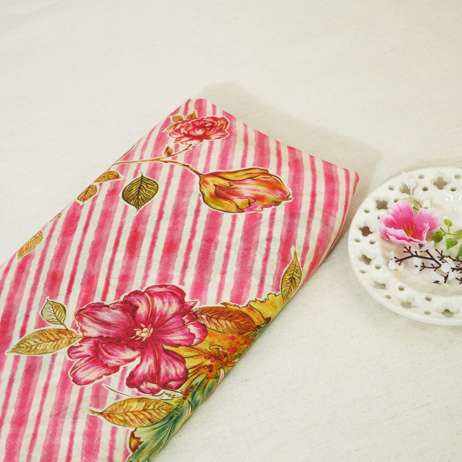 Pink & Cream Floral Print Muslin Fabric GT-24669