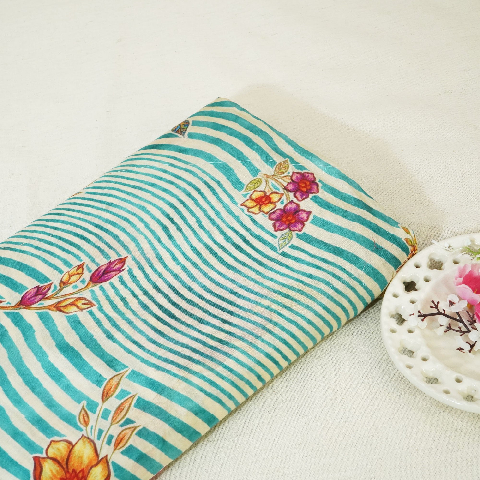 Blue & Mustard Floral Print Muslin Fabric GT-24672