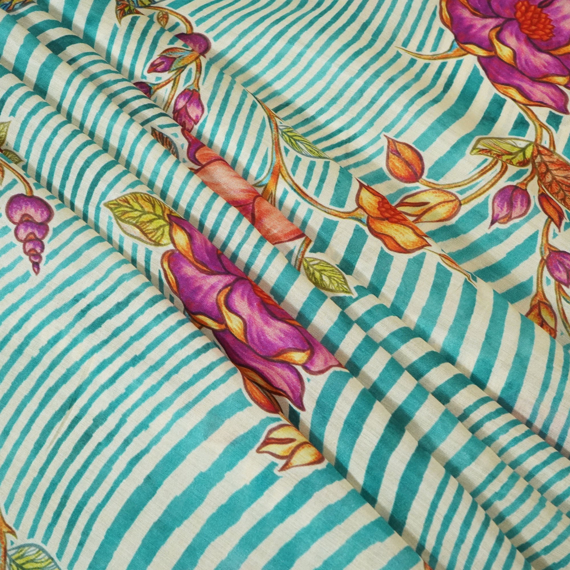 Blue & Mustard Floral Print Muslin Fabric GT-24672