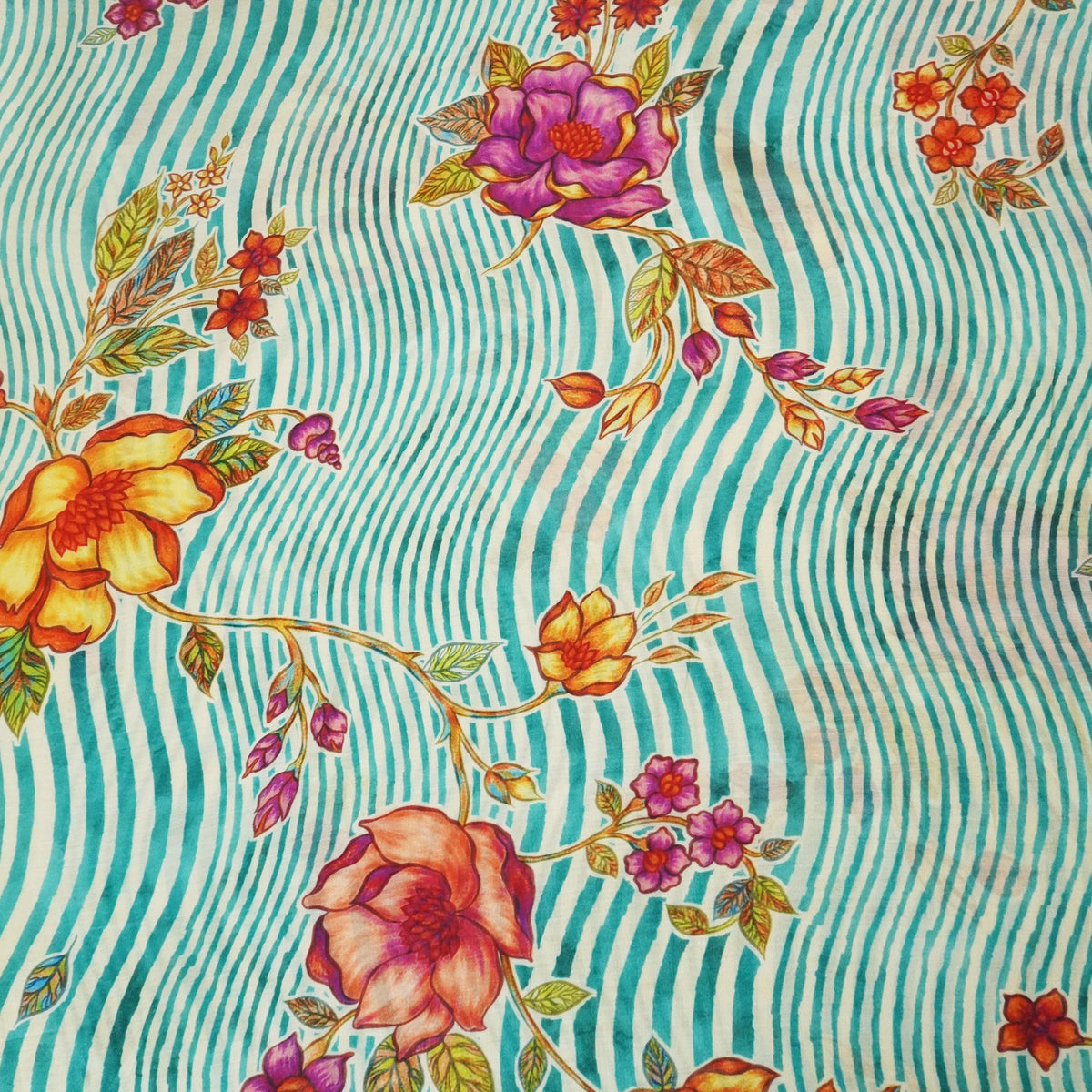 Blue & Mustard Floral Print Muslin Fabric GT-24672