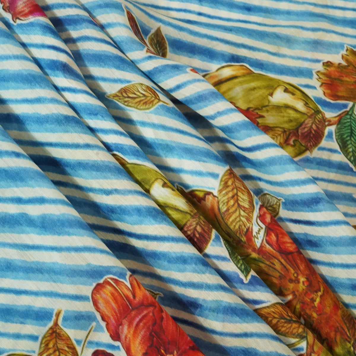 Blue & Red Floral Print Muslin Fabric GT-24674
