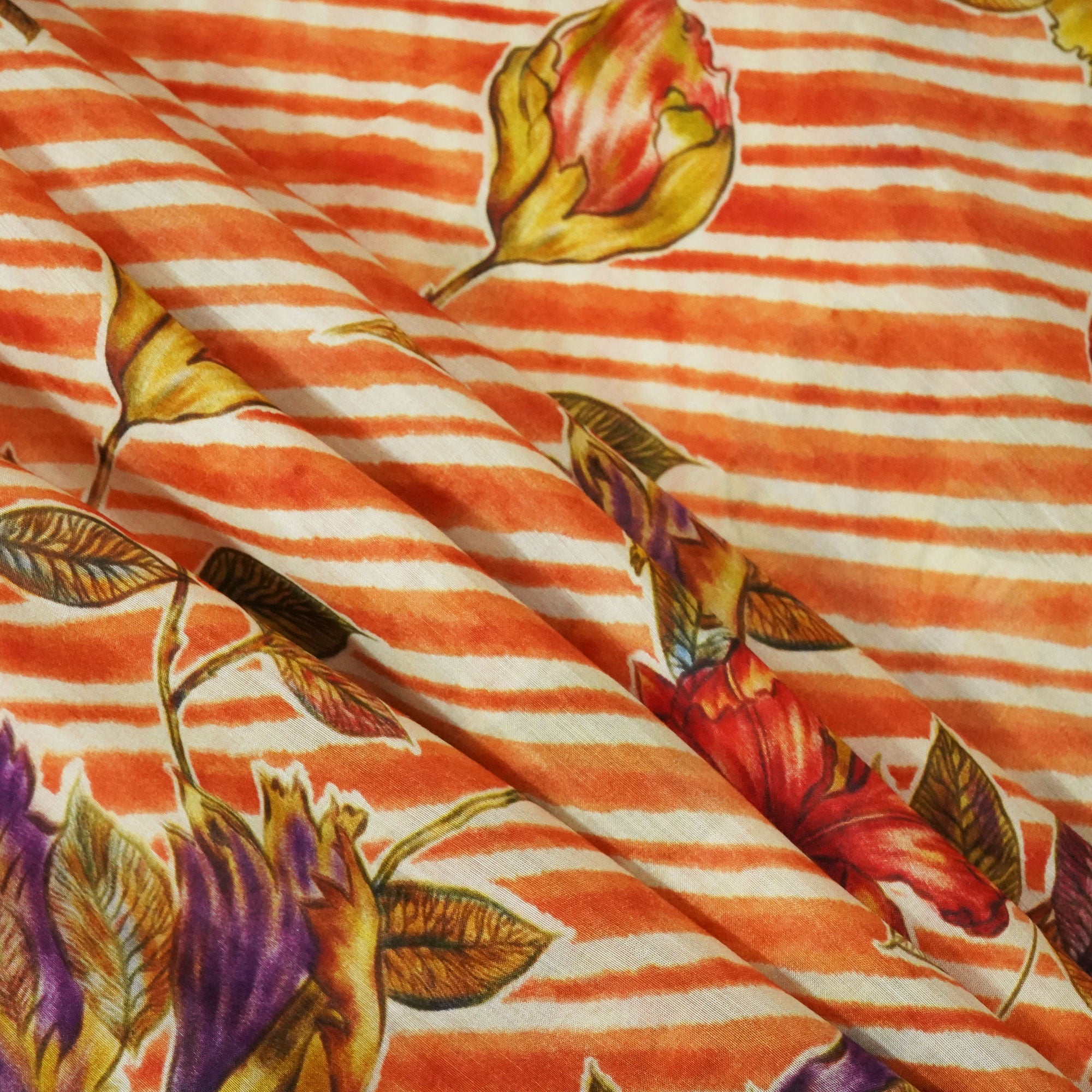 Mustard & Brown Floral Print Muslin Fabric GT-24676