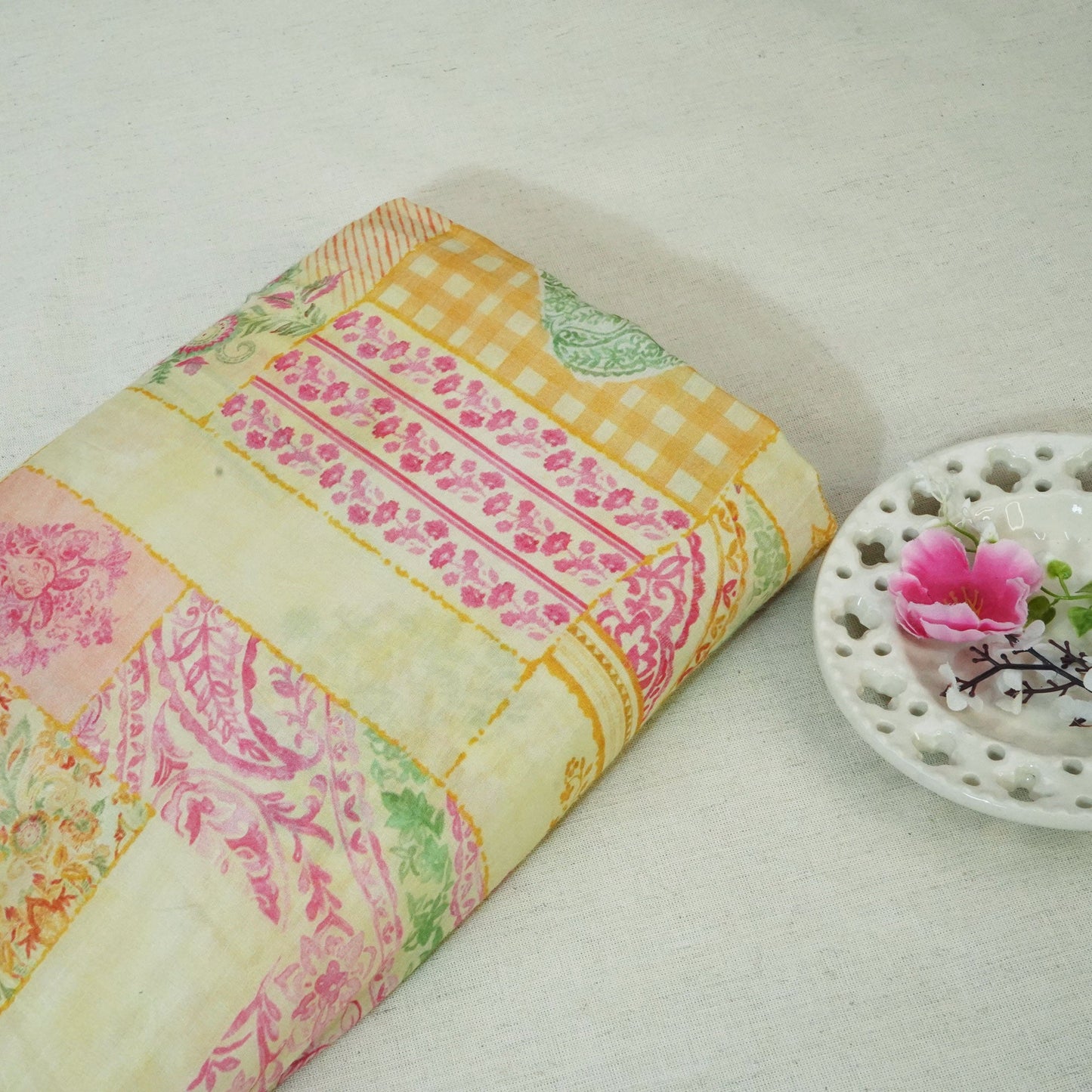 Yellow Paisley Floral Print Muslin Fabric GT-24678