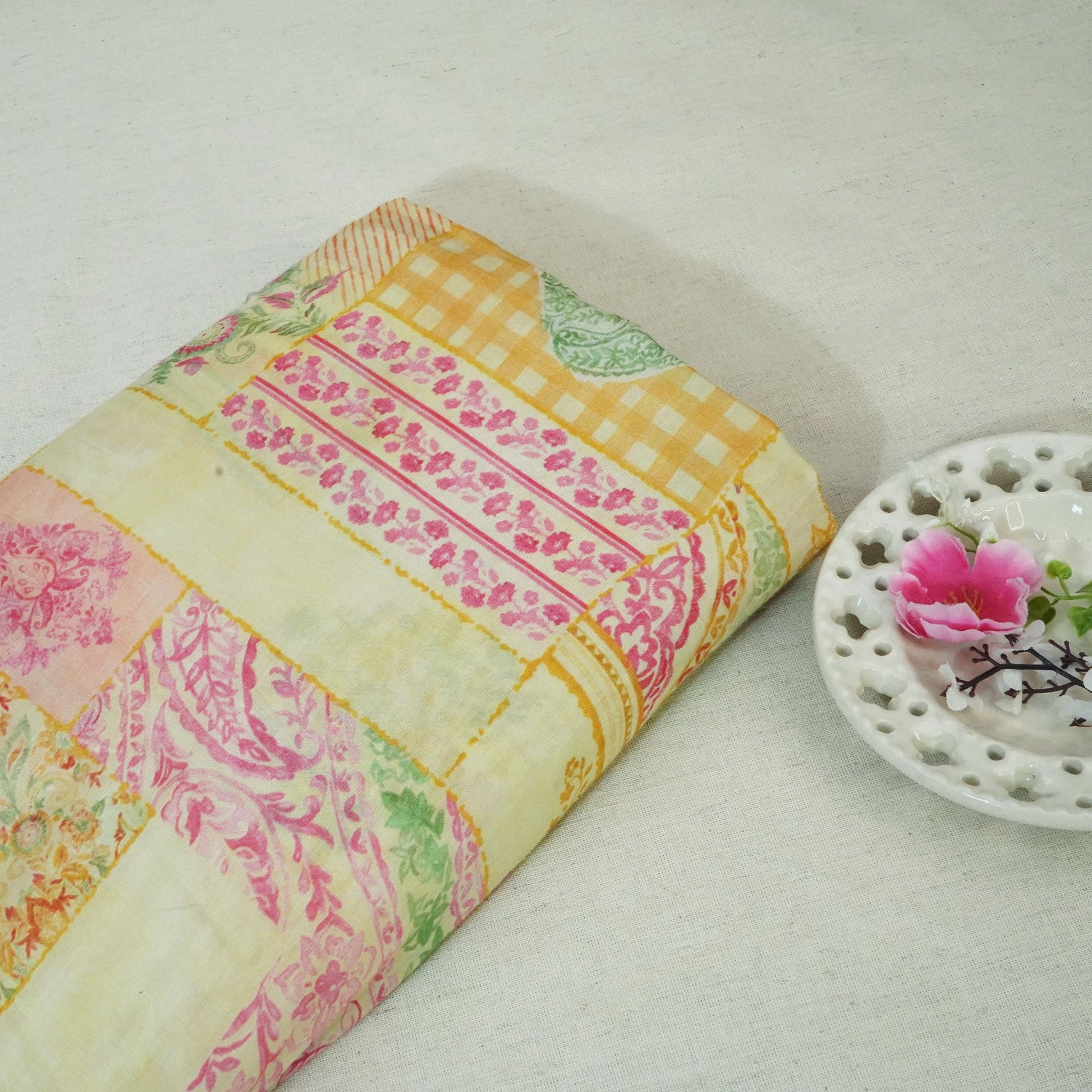 Yellow Paisley Floral Print Muslin Fabric GT-24678
