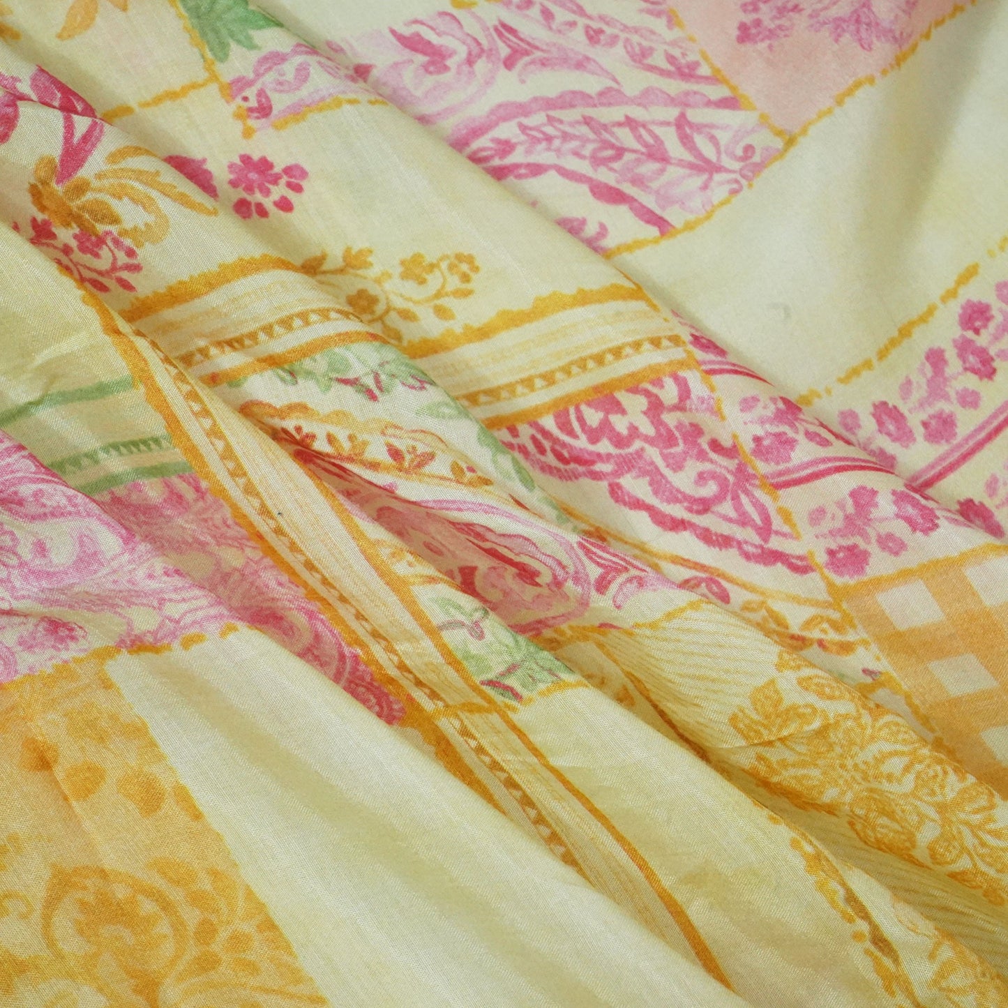 Yellow Paisley Floral Print Muslin Fabric GT-24678
