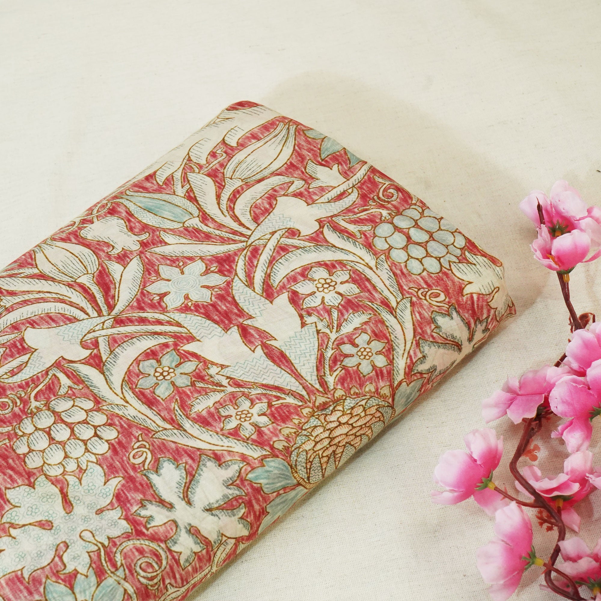 Brick Red Handpainted Floral Print Muslin Fabric GT-24679